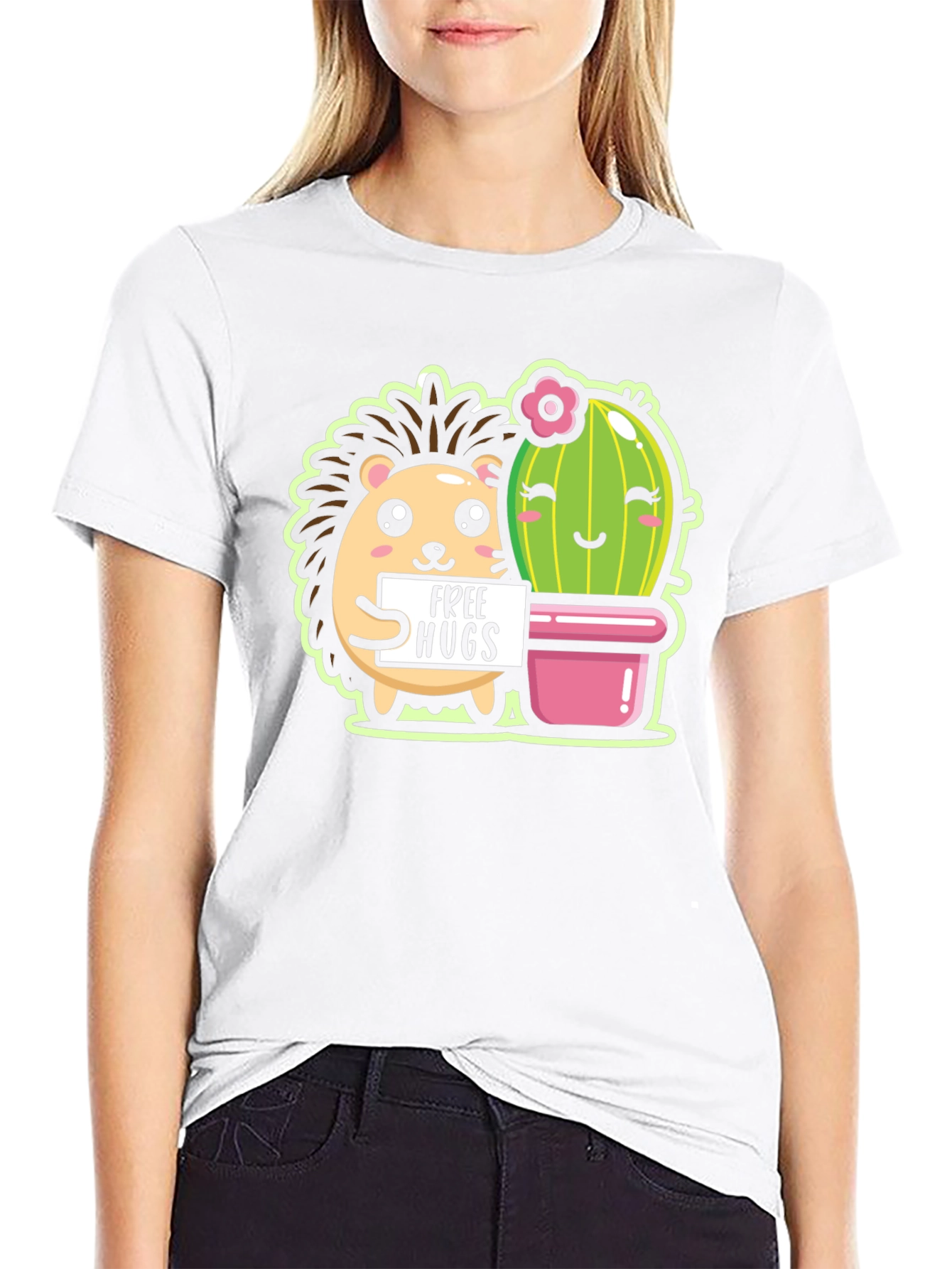Cute Hedgehog & Cactus Free Hugs Black T-Shirt