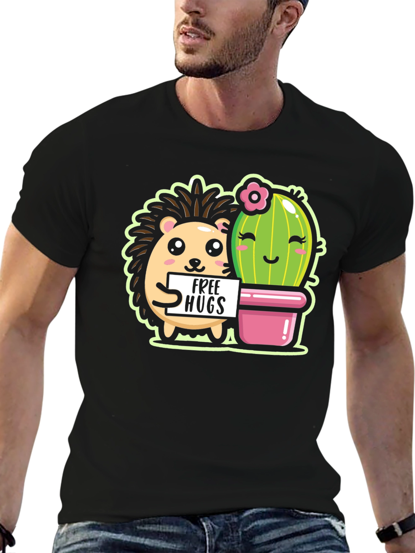 Cute Hedgehog & Cactus Free Hugs Black T-Shirt
