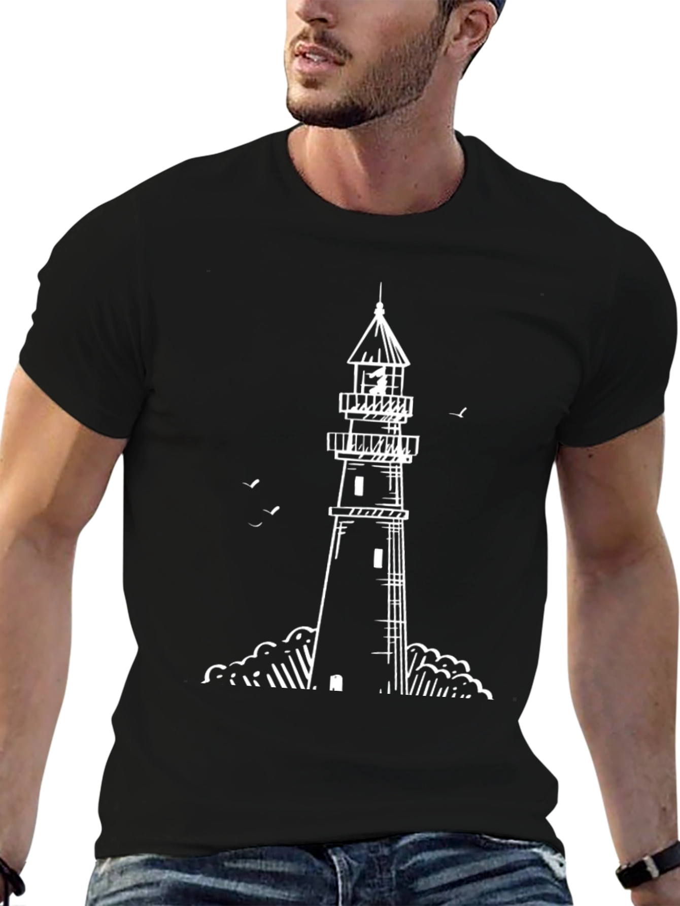Lighthouse Graphic Tee - Black Cotton T-Shirt