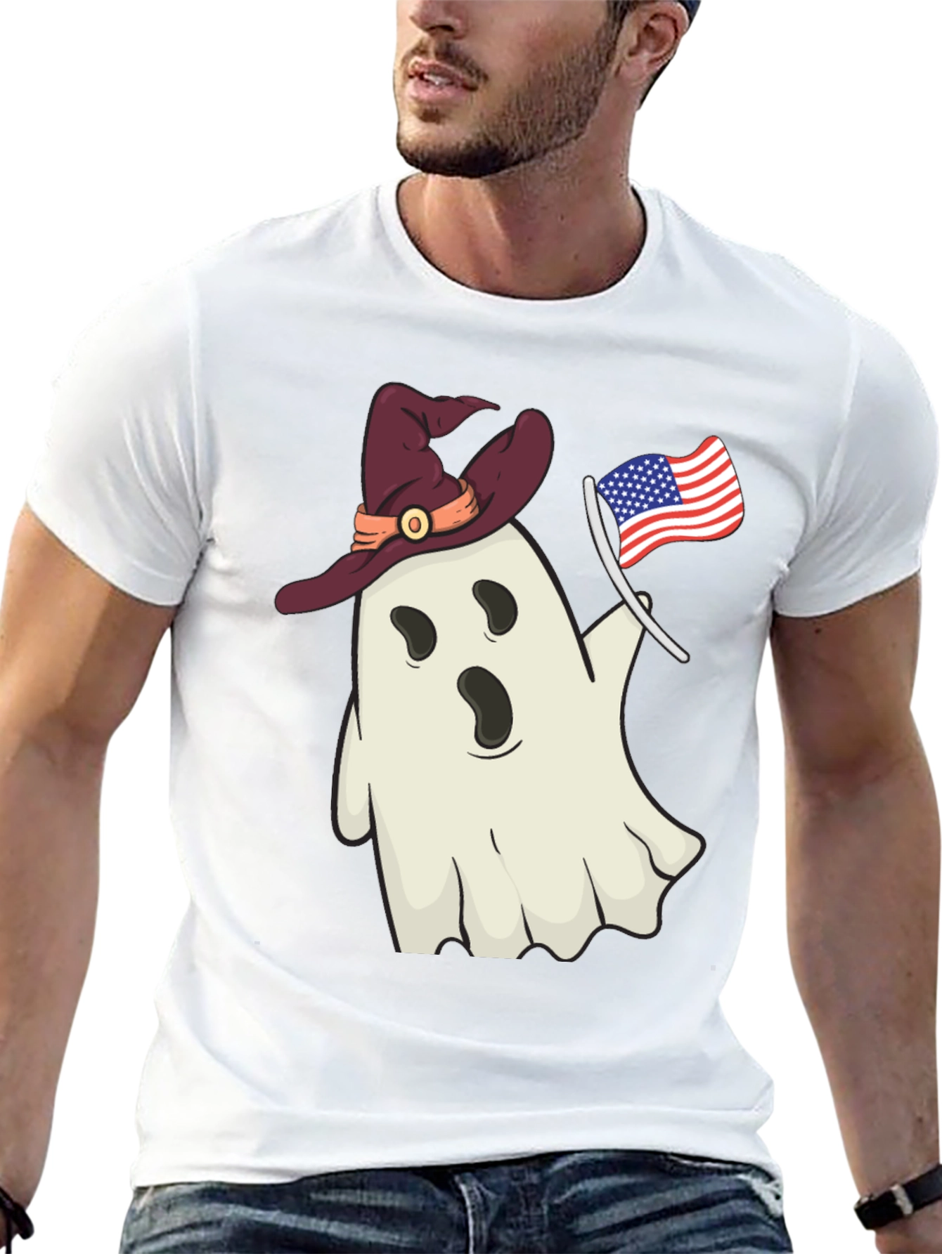 Patriotic Ghost T-Shirt - Witch Hat USA Flag