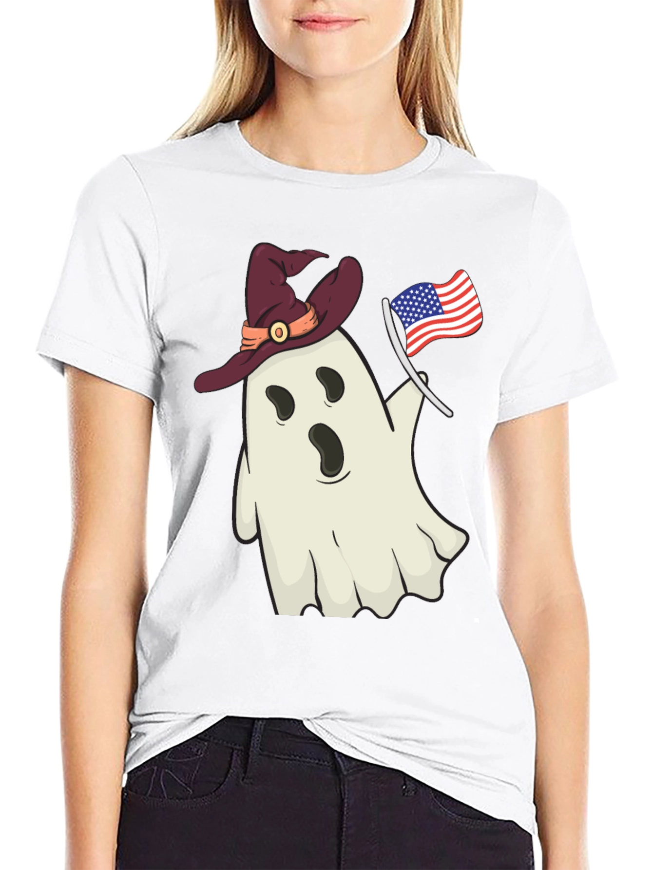 Patriotic Ghost T-Shirt - Witch Hat USA Flag
