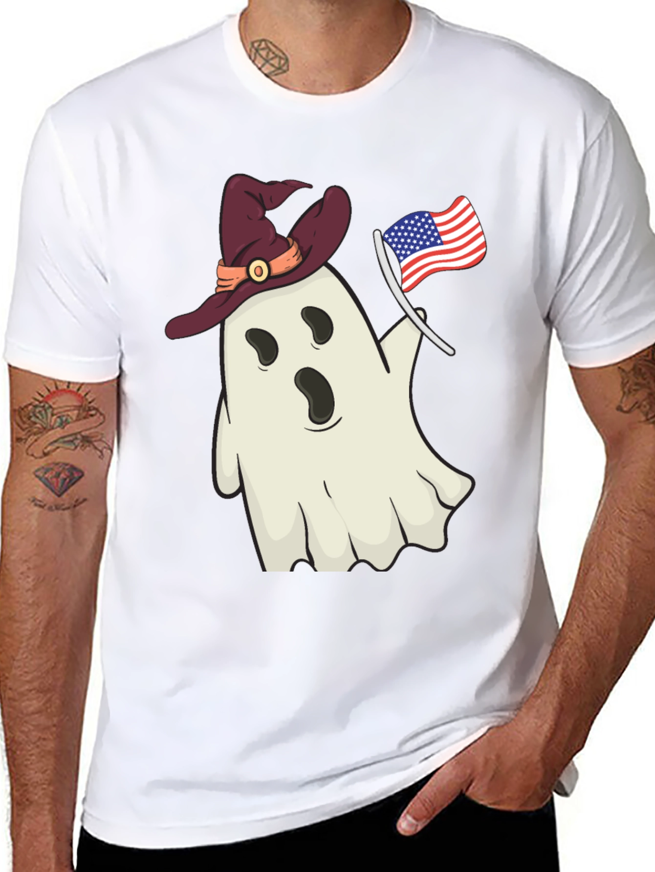 Patriotic Ghost T-Shirt - Witch Hat USA Flag
