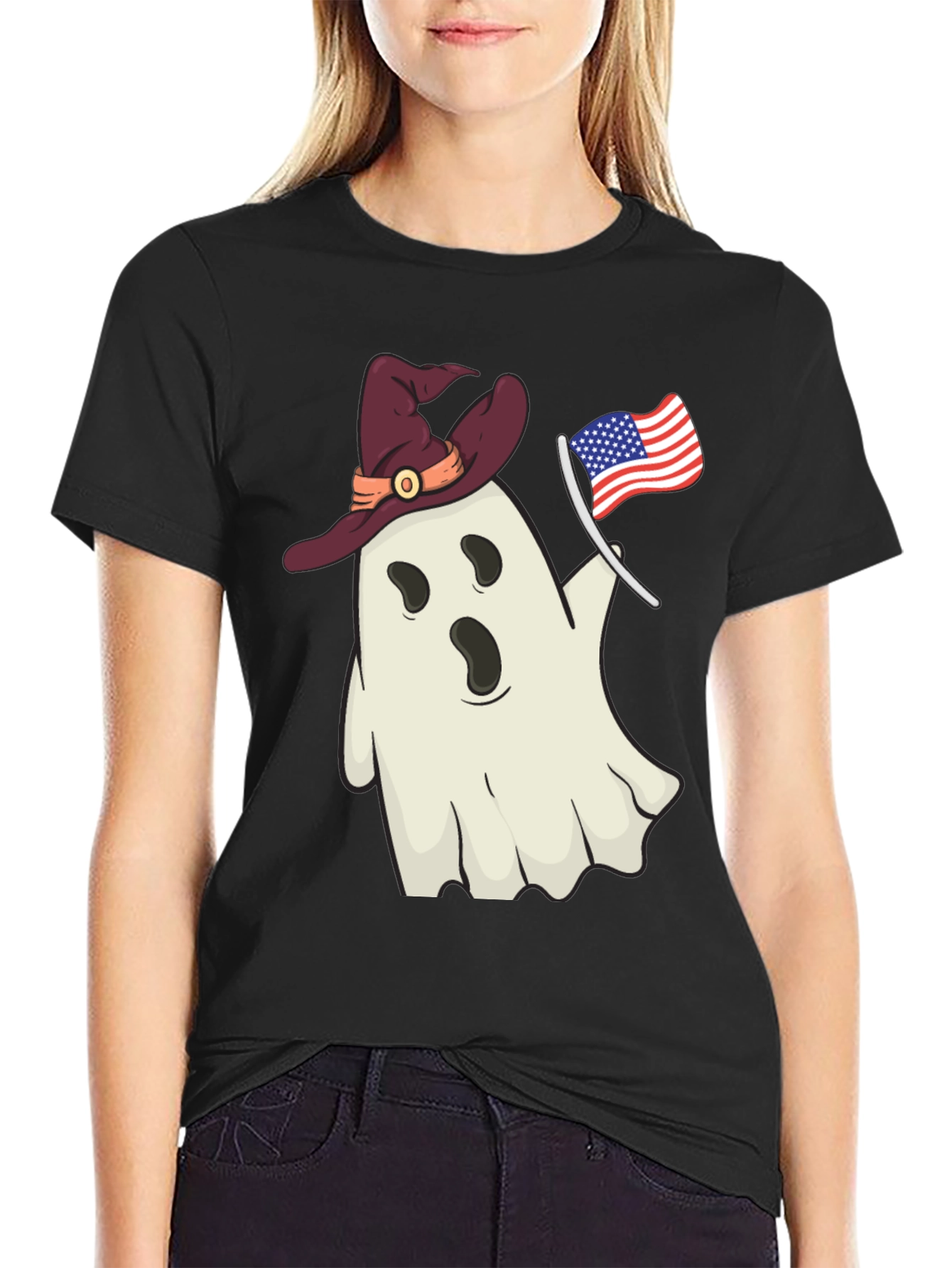 Patriotic Ghost T-Shirt - Witch Hat USA Flag