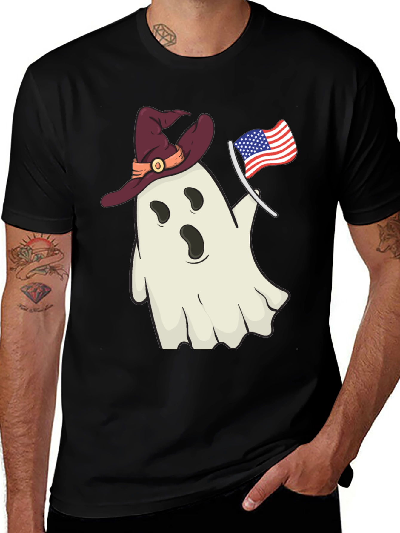 Patriotic Ghost T-Shirt - Witch Hat USA Flag