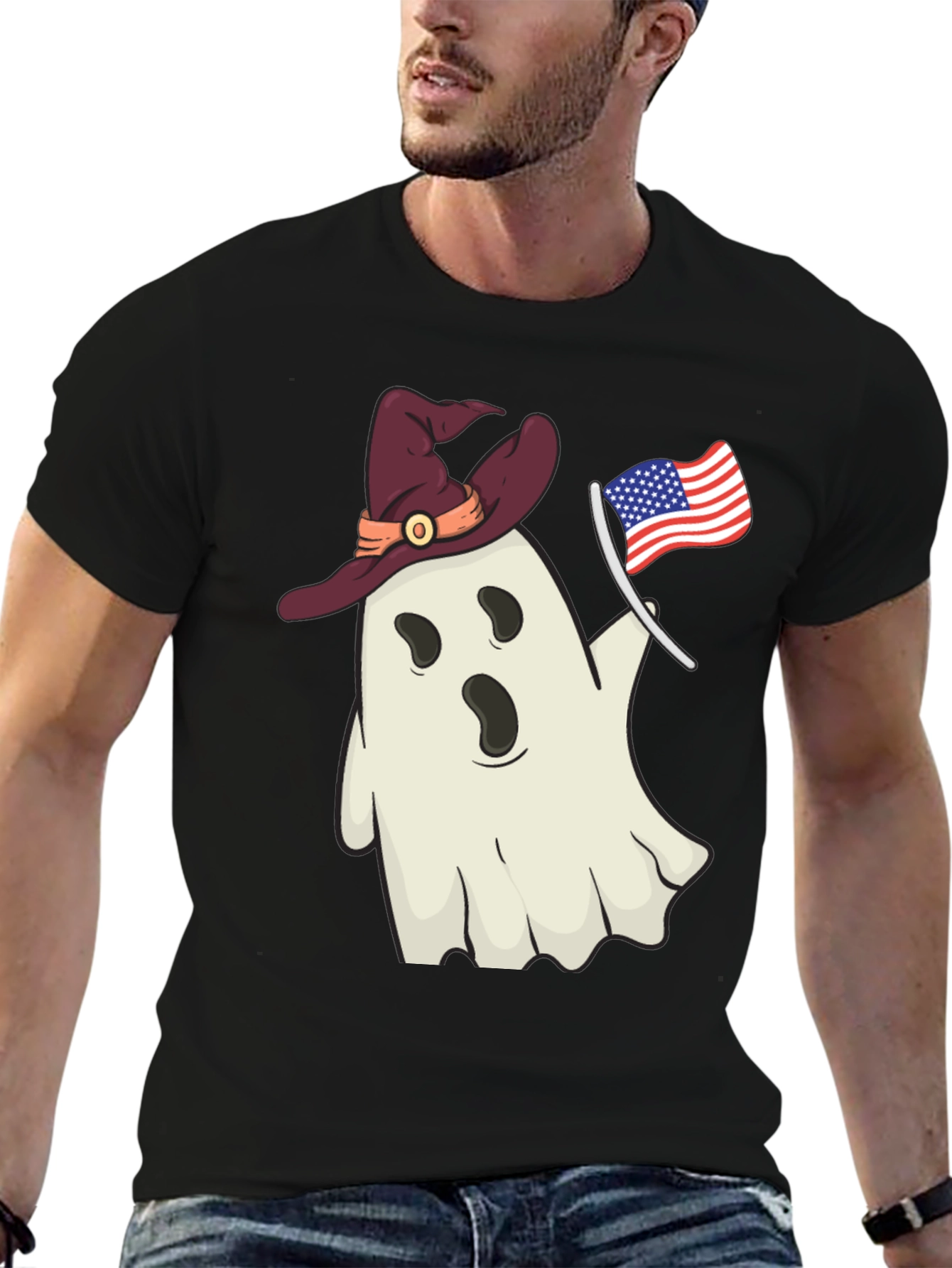 Patriotic Ghost T-Shirt - Witch Hat USA Flag
