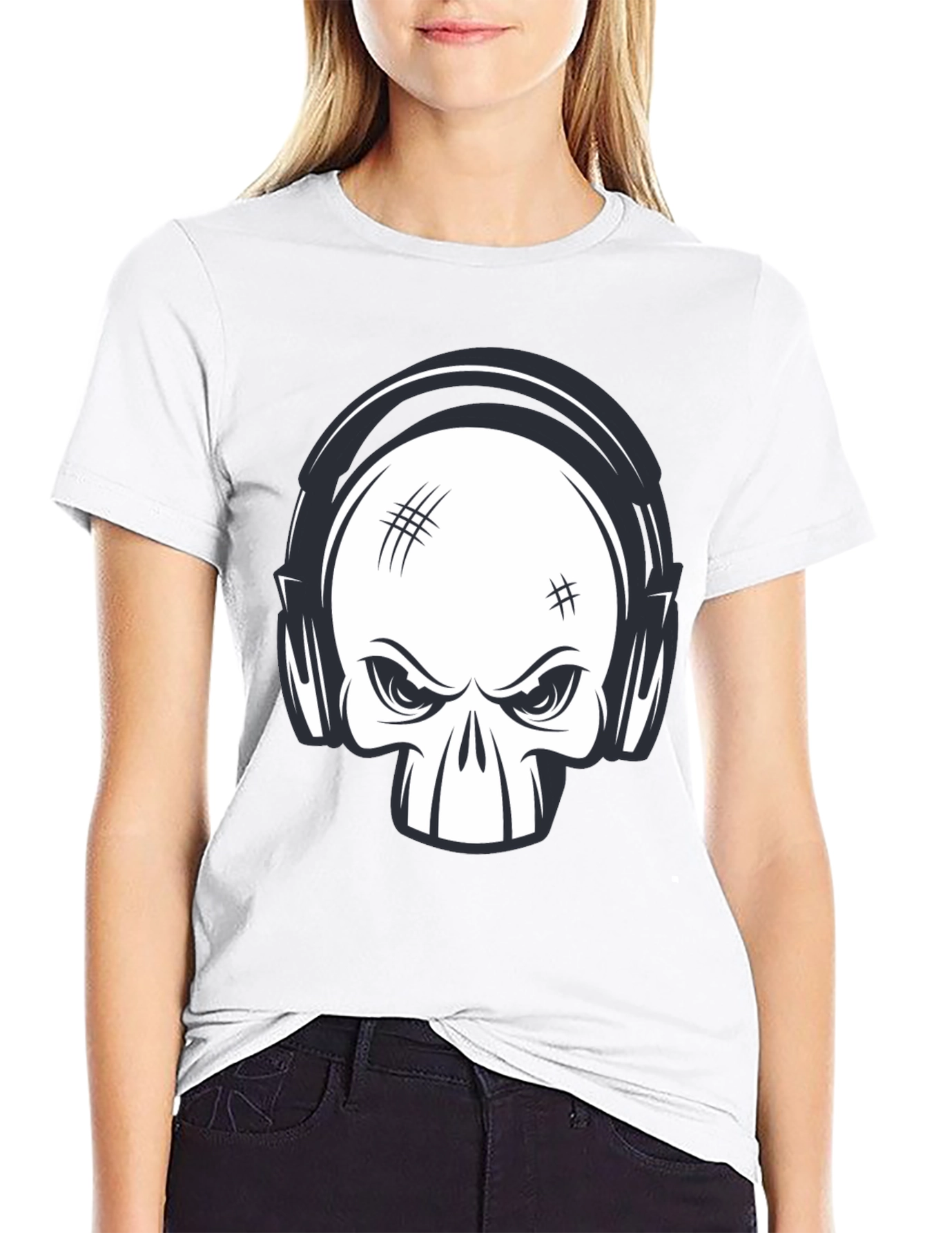 Skull with Headphones Graphic Black T-Shirt