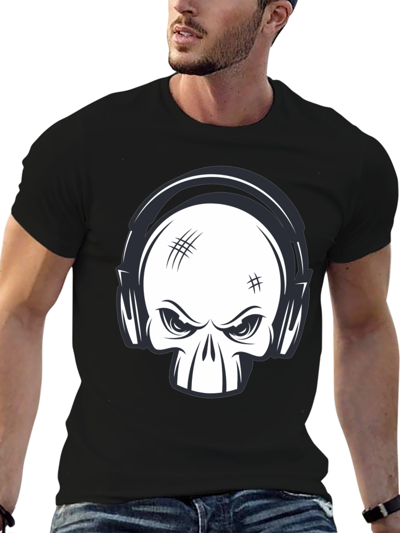 Skull with Headphones Graphic Black T-Shirt