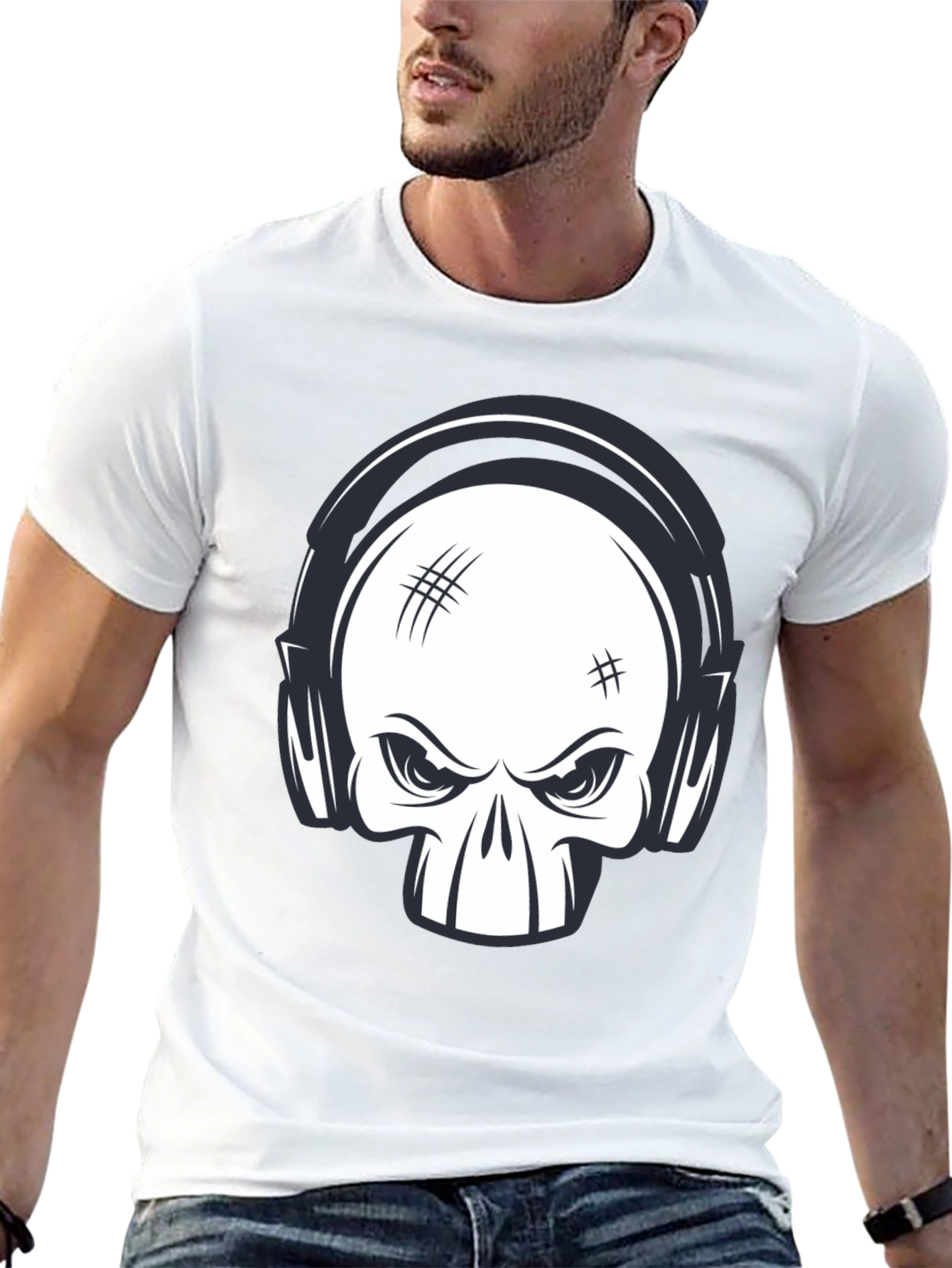 Skull with Headphones Graphic Black T-Shirt