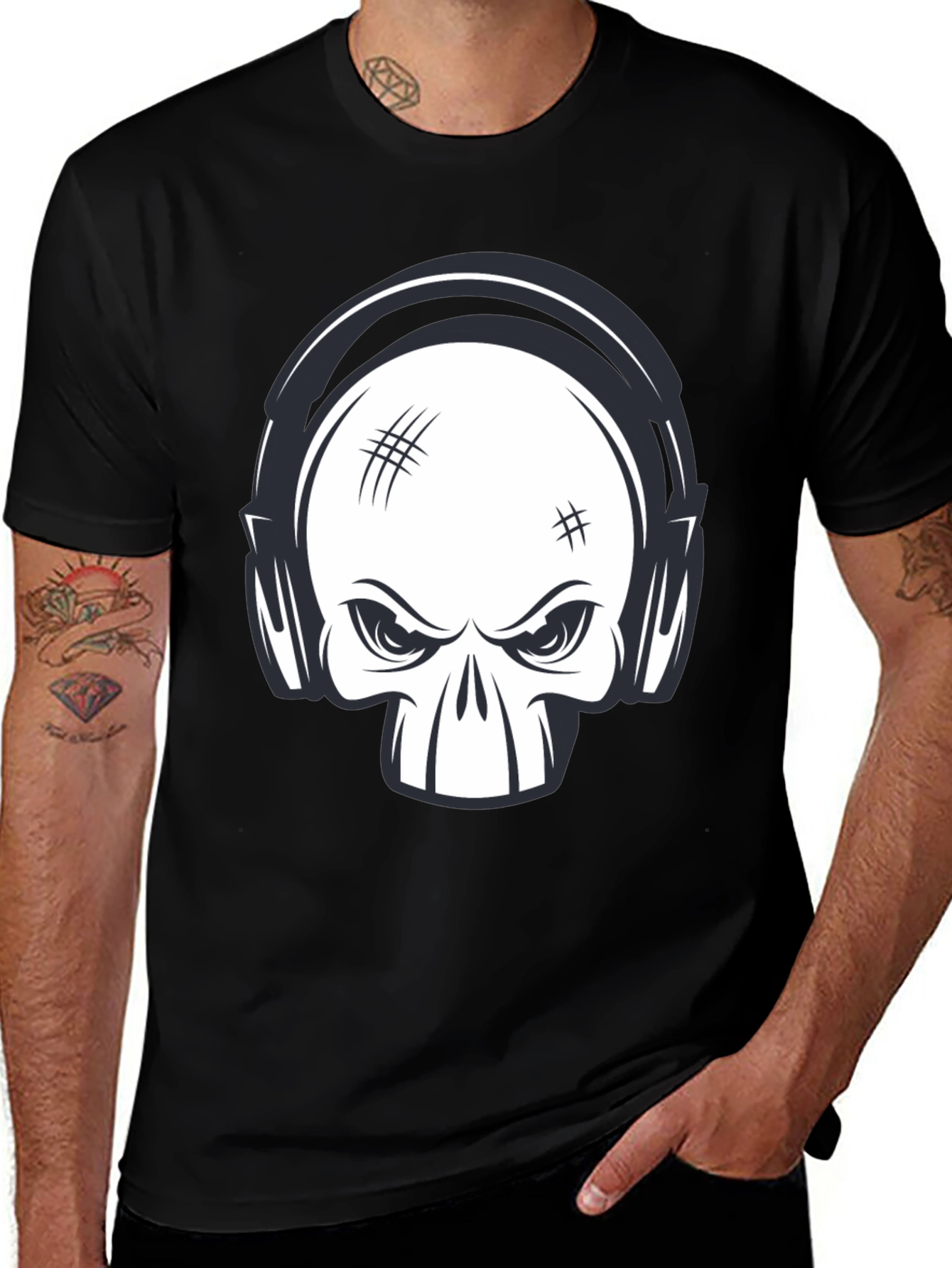 Skull with Headphones Graphic Black T-Shirt
