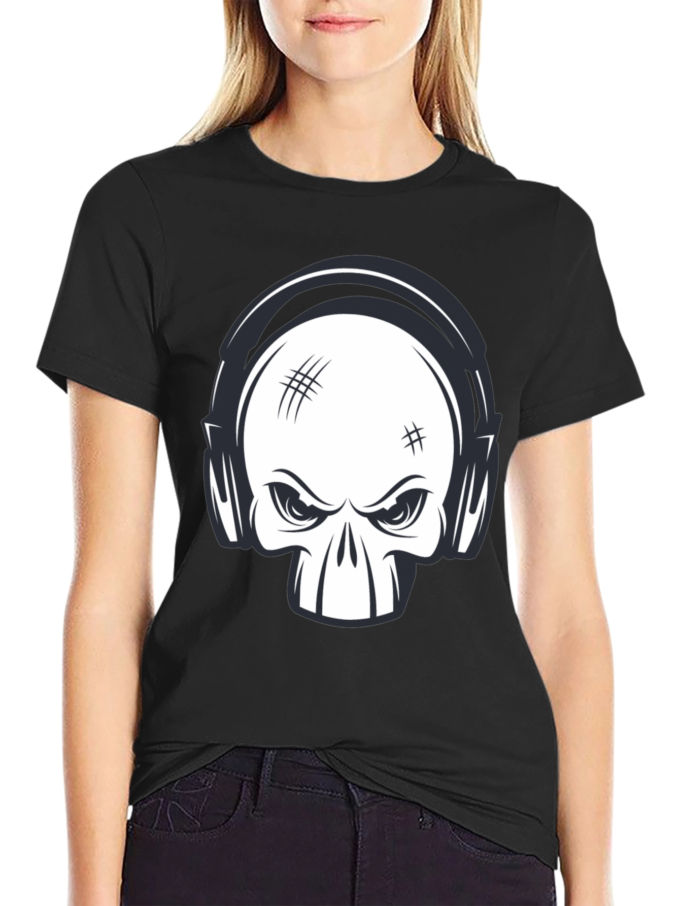 Skull with Headphones Graphic Black T-Shirt