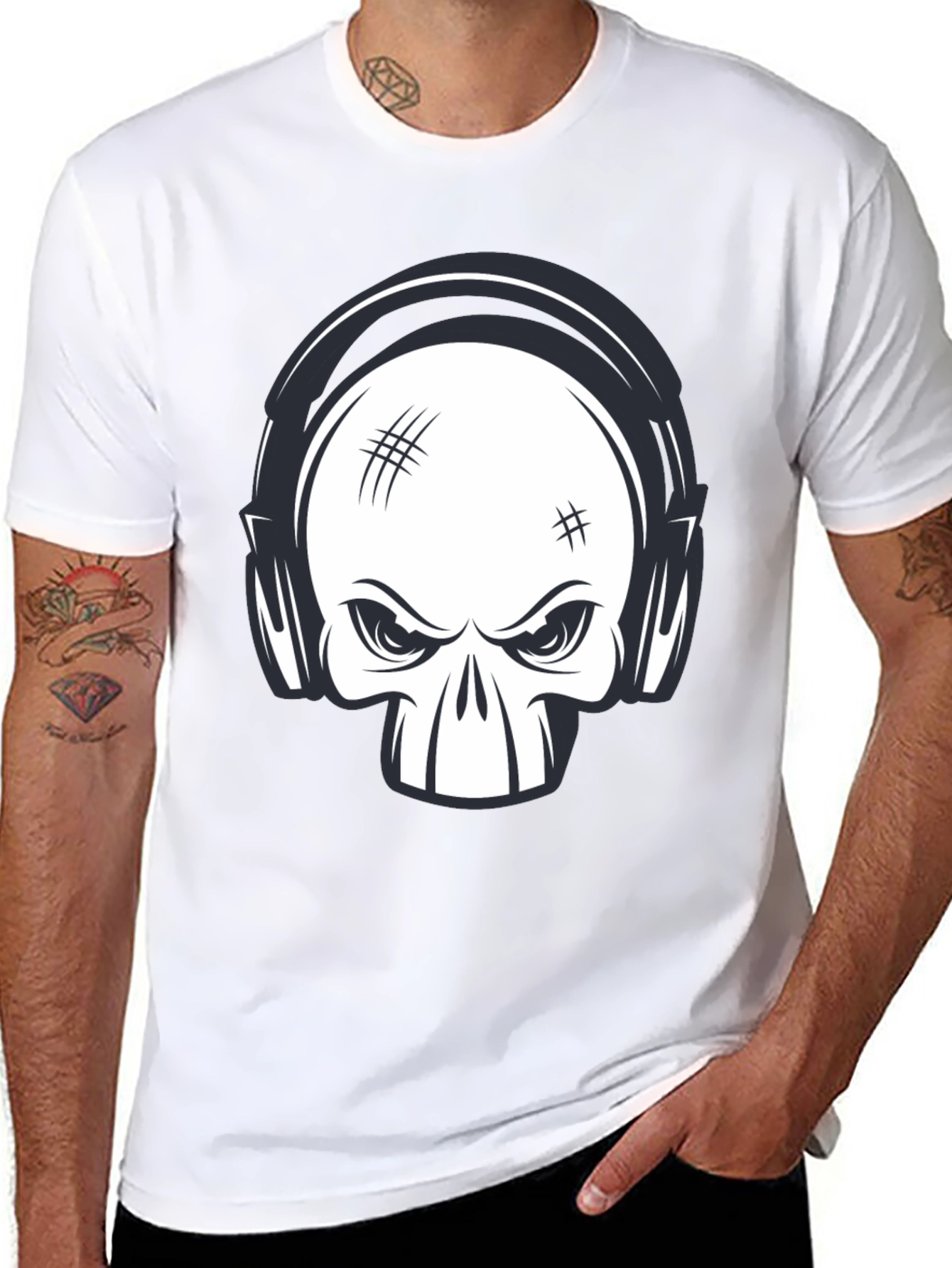 Skull with Headphones Graphic Black T-Shirt