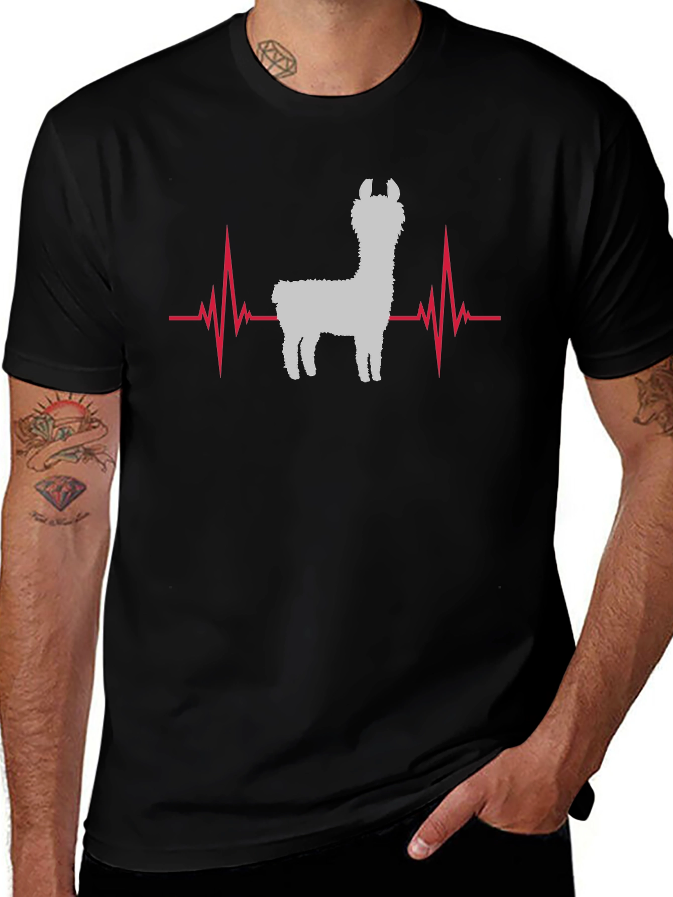 Llama Heartbeat Graphic Tee - Black Cotton T-Shirt