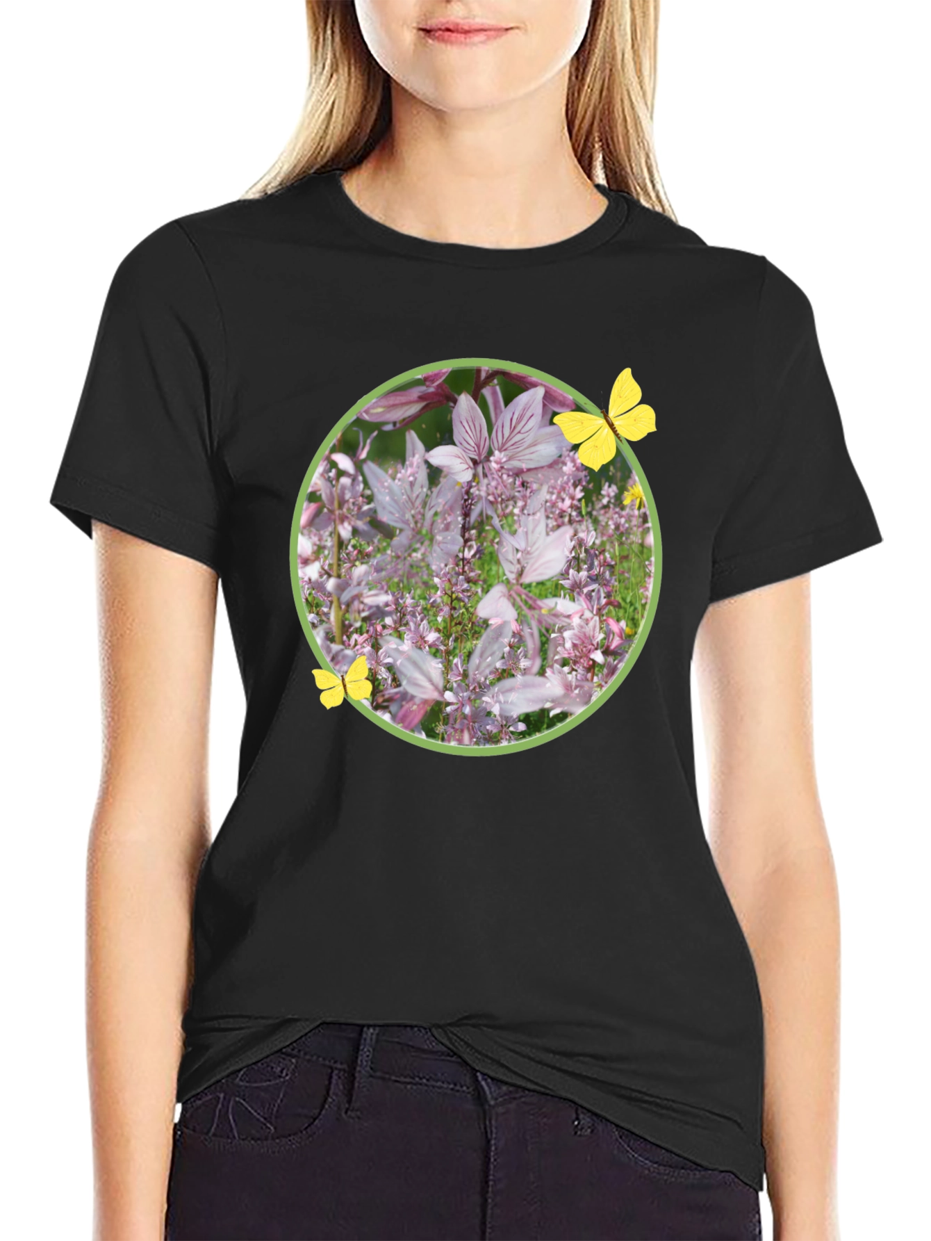 Floral Butterfly Graphic Tee - Stylish Black T-Shirt