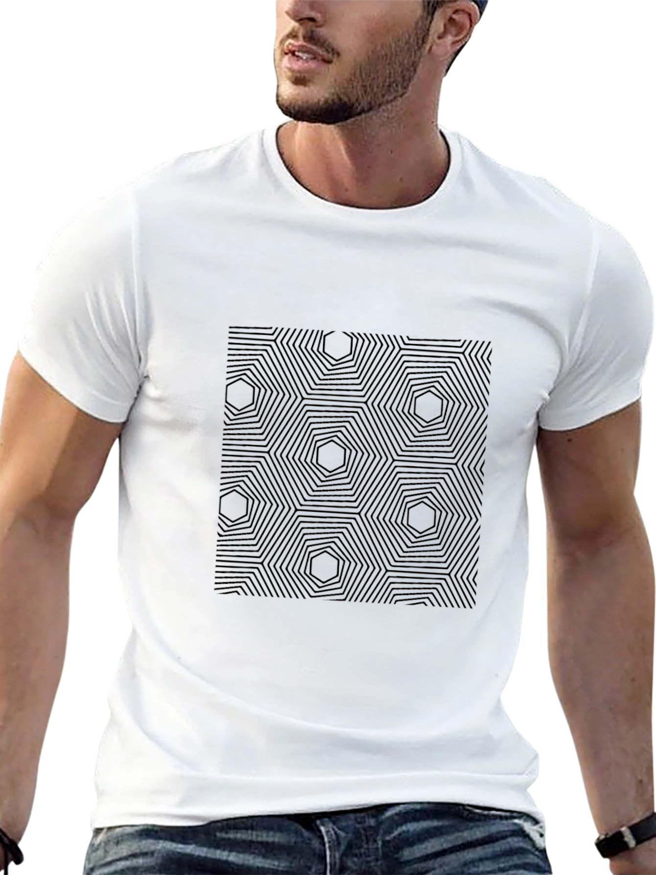 Modern Geometric Hexagon Pattern Black T-Shirt