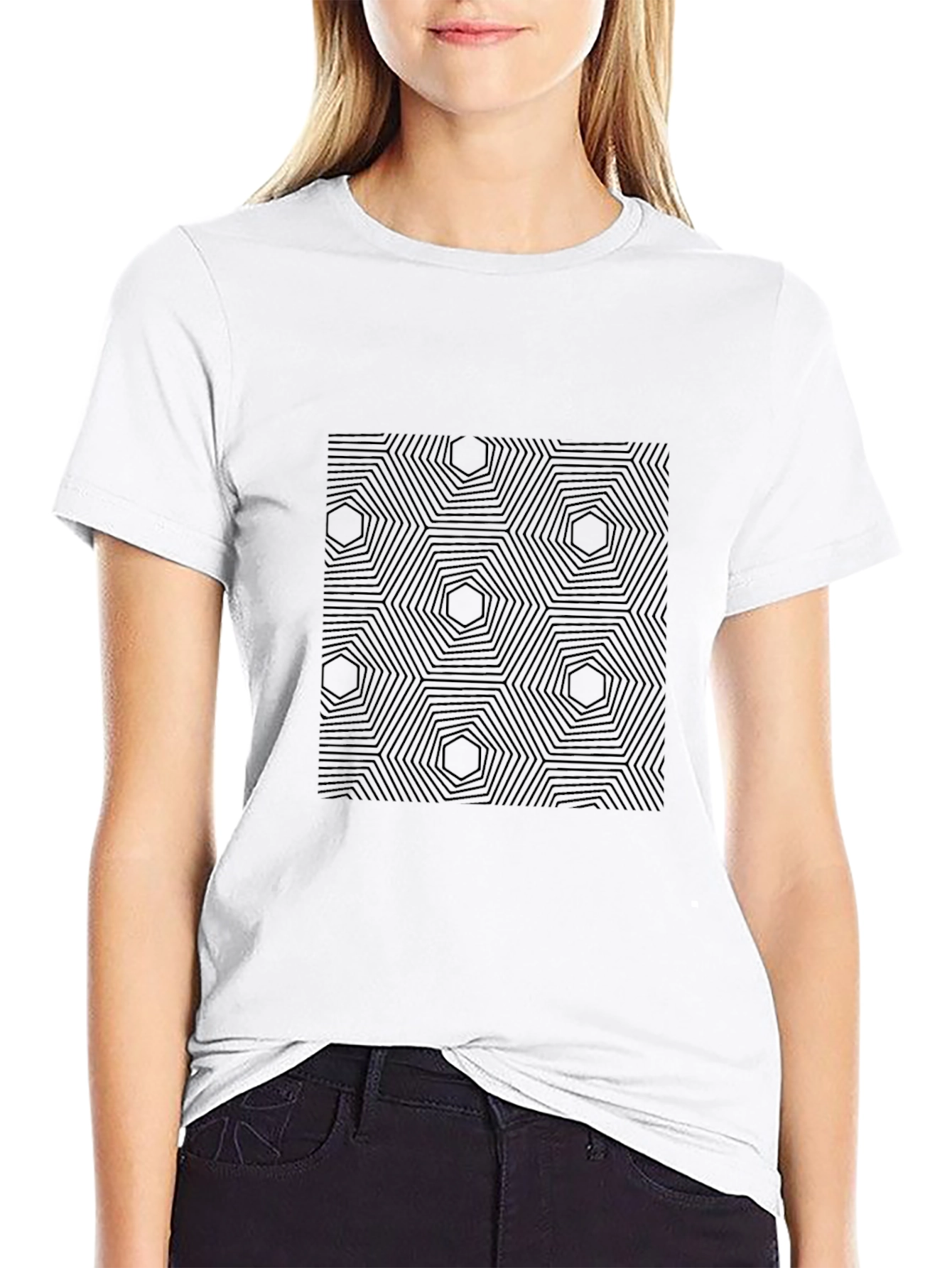 Modern Geometric Hexagon Pattern Black T-Shirt