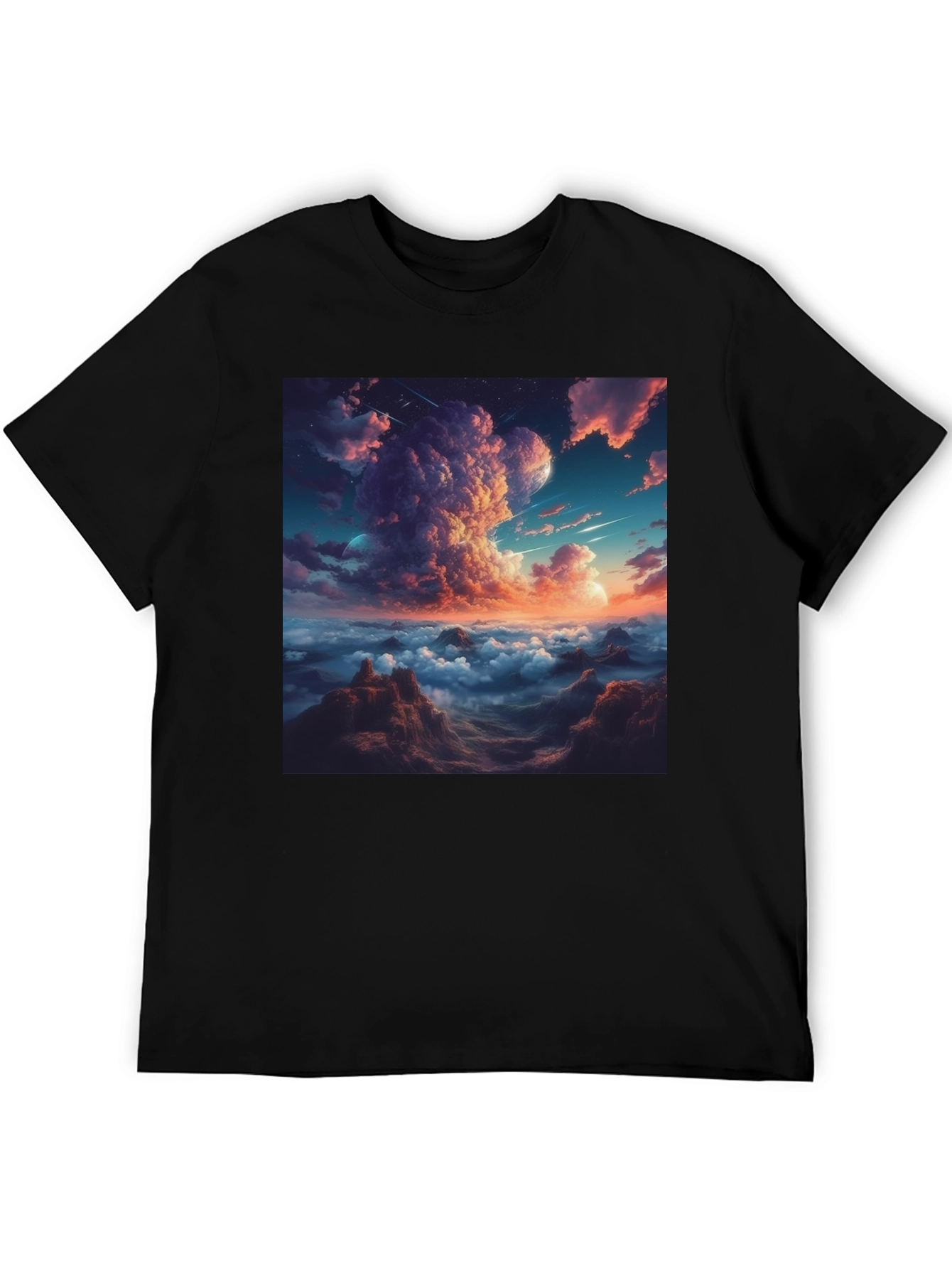Celestial Cloudscape Graphic Tee - Black Cotton Comfort