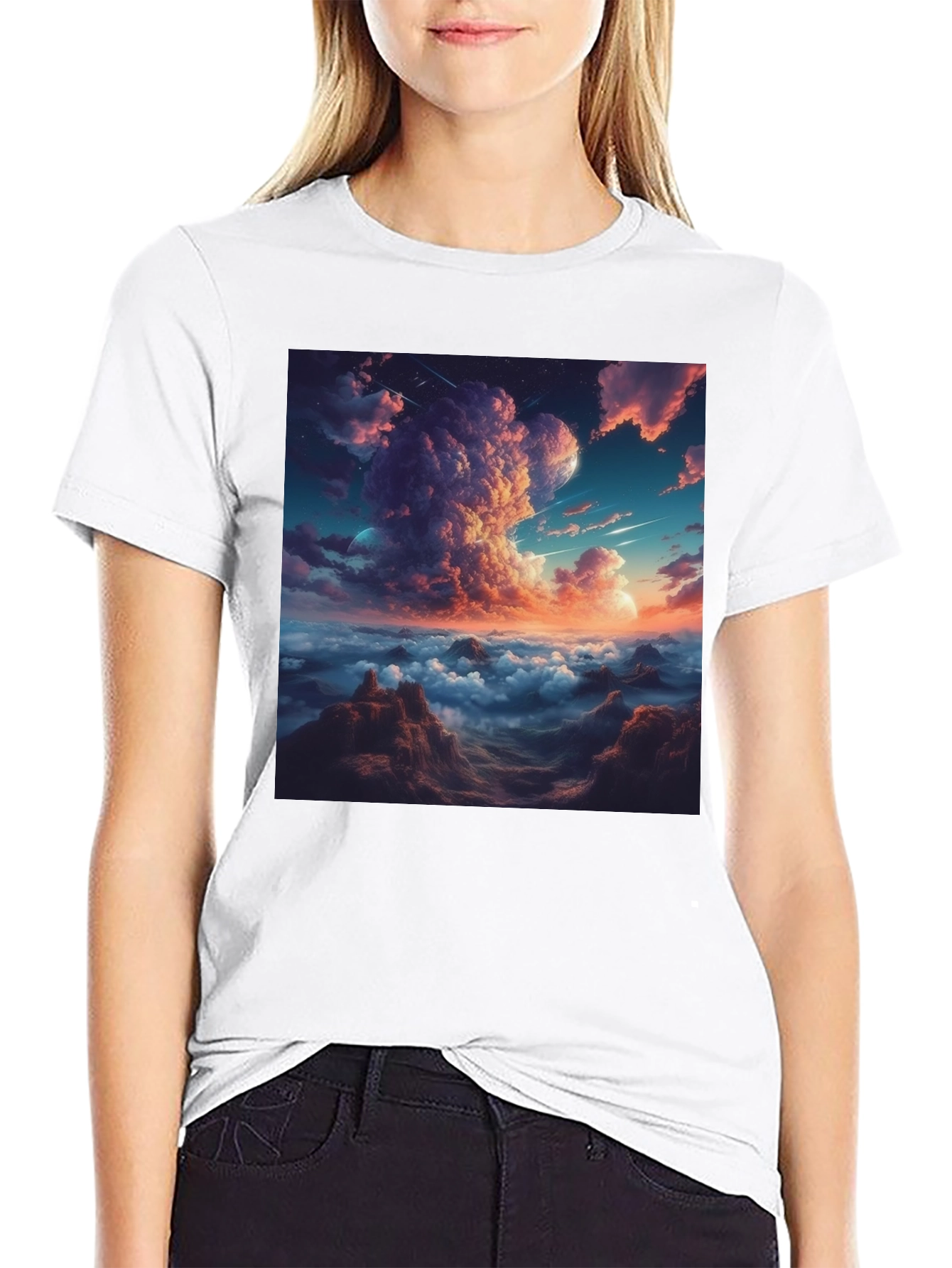 Celestial Cloudscape Graphic Tee - Black Cotton Comfort
