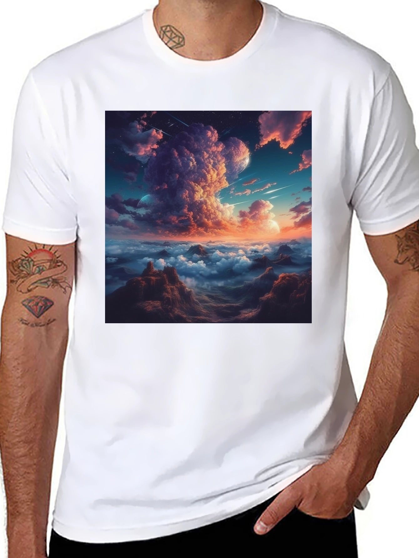 Celestial Cloudscape Graphic Tee - Black Cotton Comfort