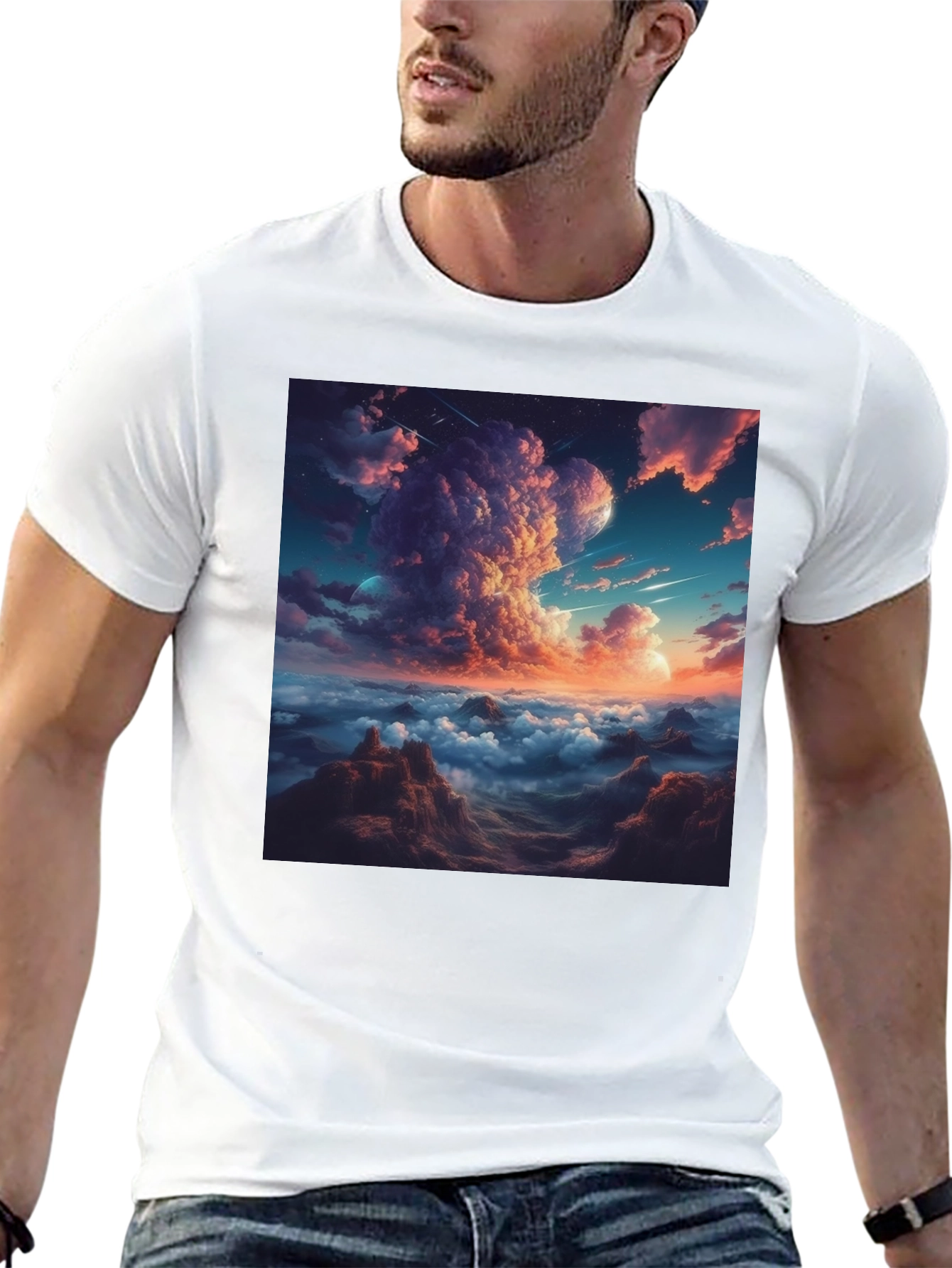 Celestial Cloudscape Graphic Tee - Black Cotton Comfort