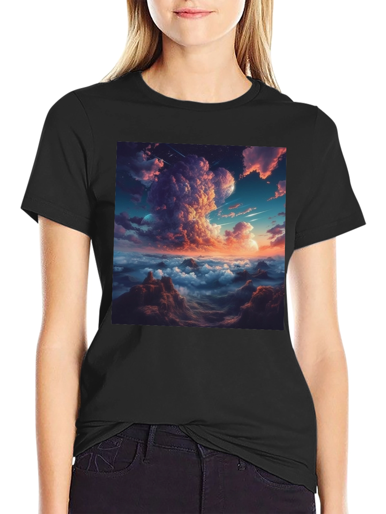 Celestial Cloudscape Graphic Tee - Black Cotton Comfort