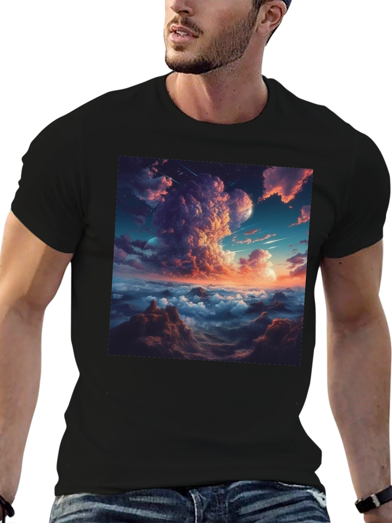 Celestial Cloudscape Graphic Tee - Black Cotton Comfort
