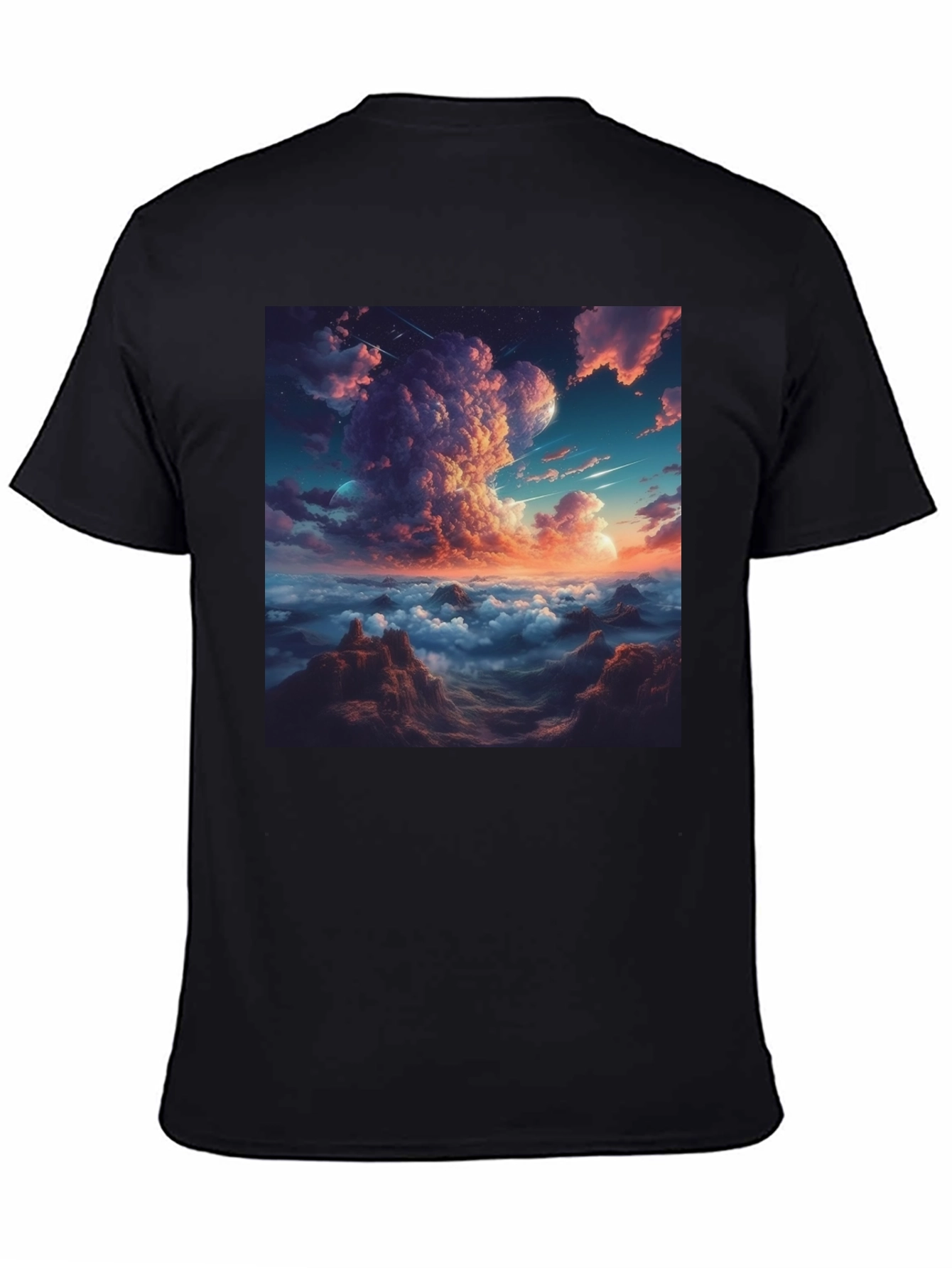 Celestial Cloudscape Graphic Tee - Black Cotton Comfort