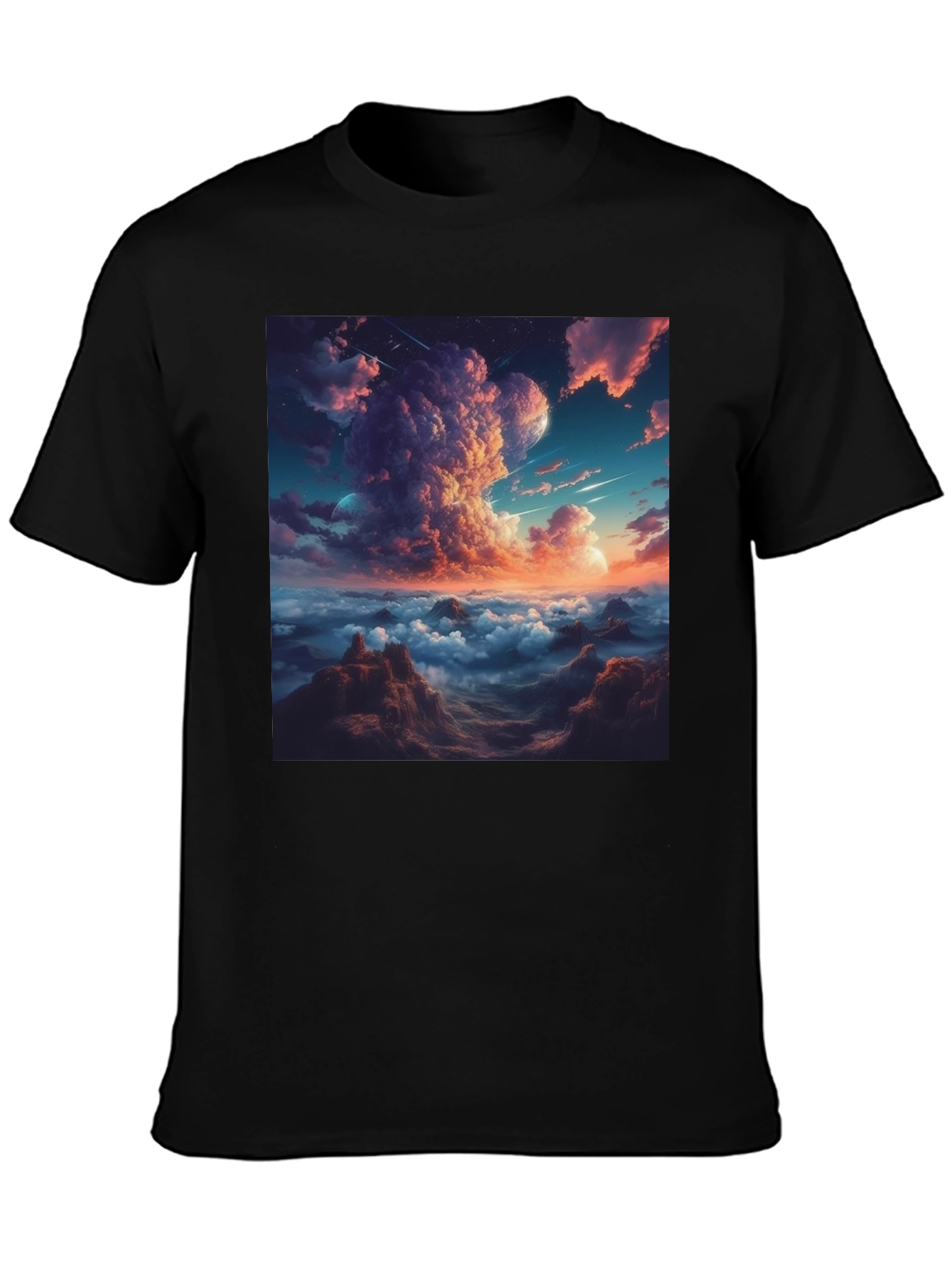 Celestial Cloudscape Graphic Tee - Black Cotton Comfort