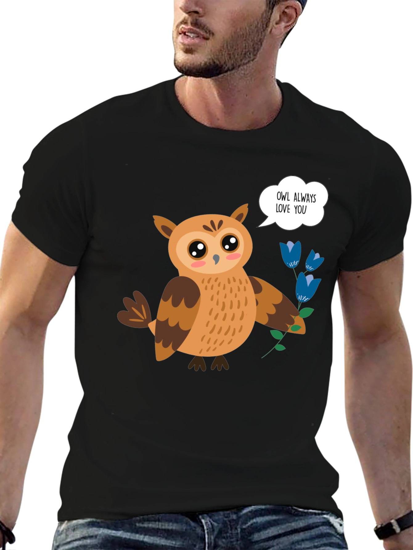 Cute Owl Always Love You Graphic Black T-Shirt