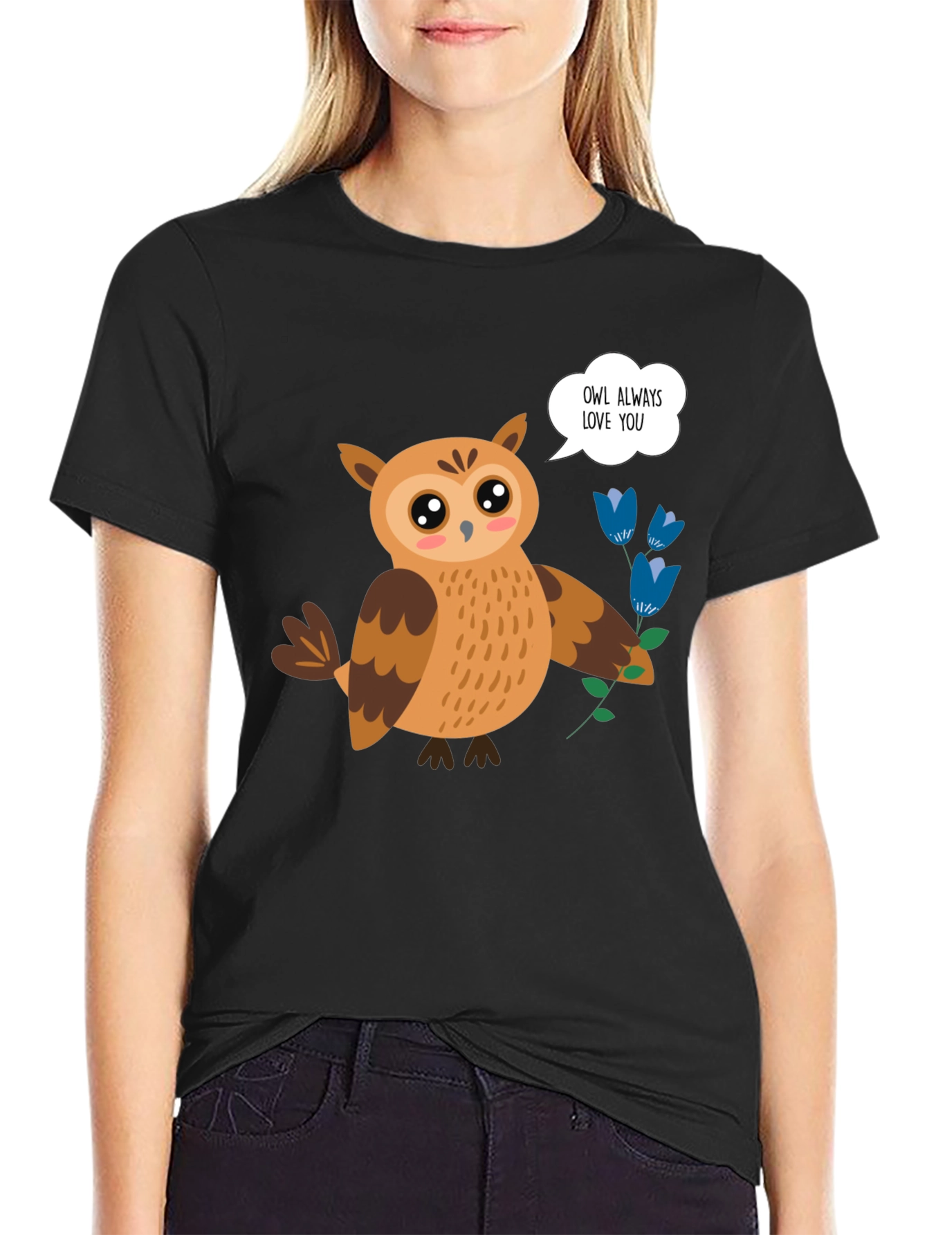 Cute Owl Always Love You Graphic Black T-Shirt