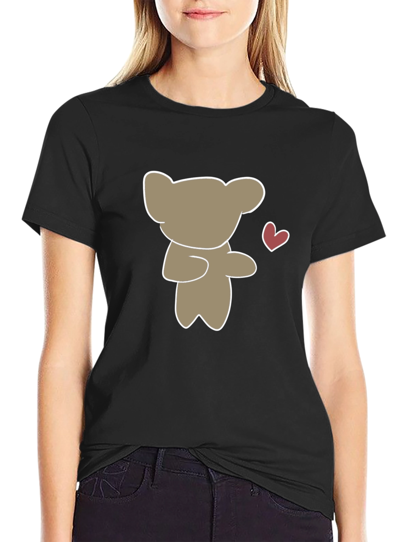 Cute Bear Heart Graphic Black T-Shirt