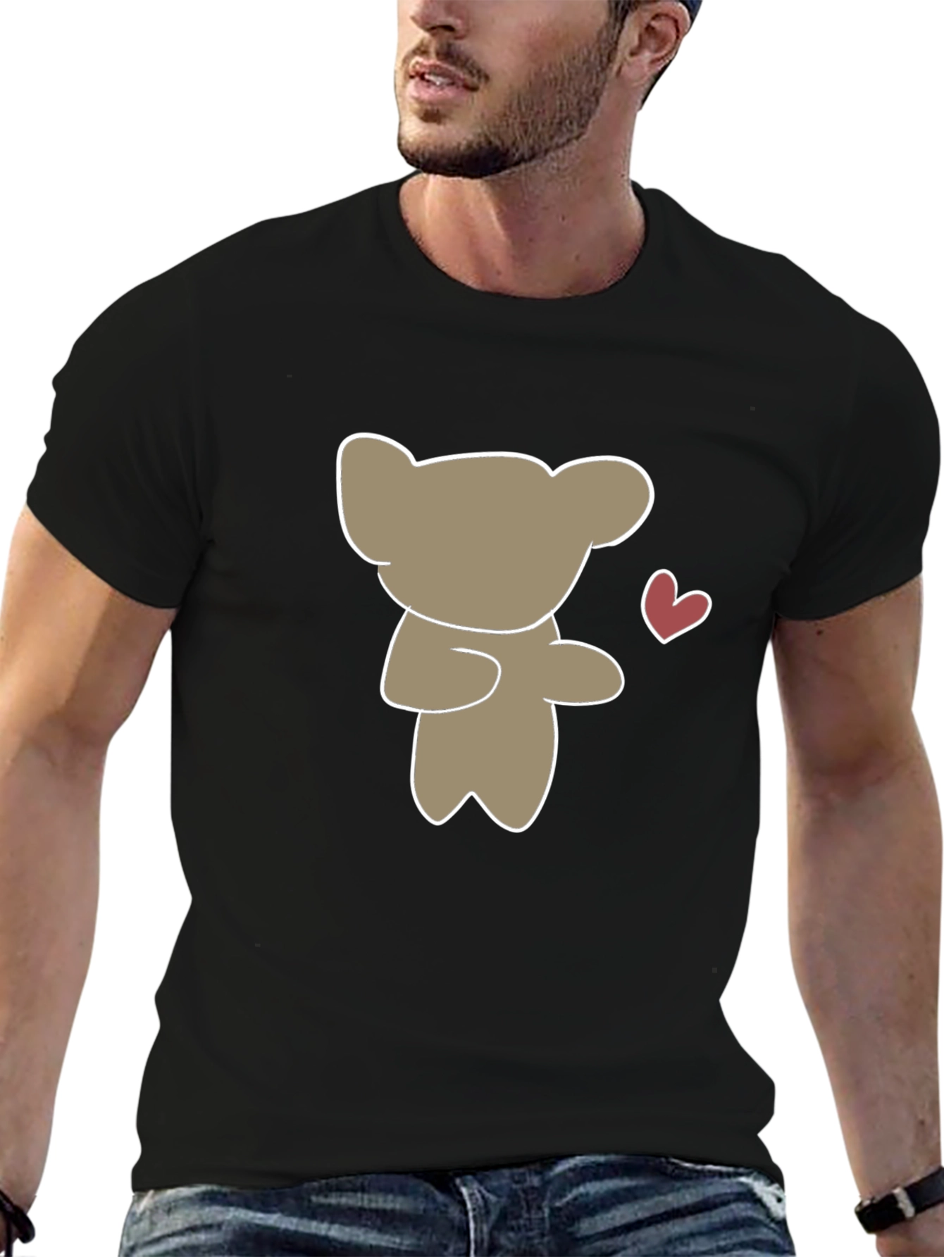 Cute Bear Heart Graphic Black T-Shirt