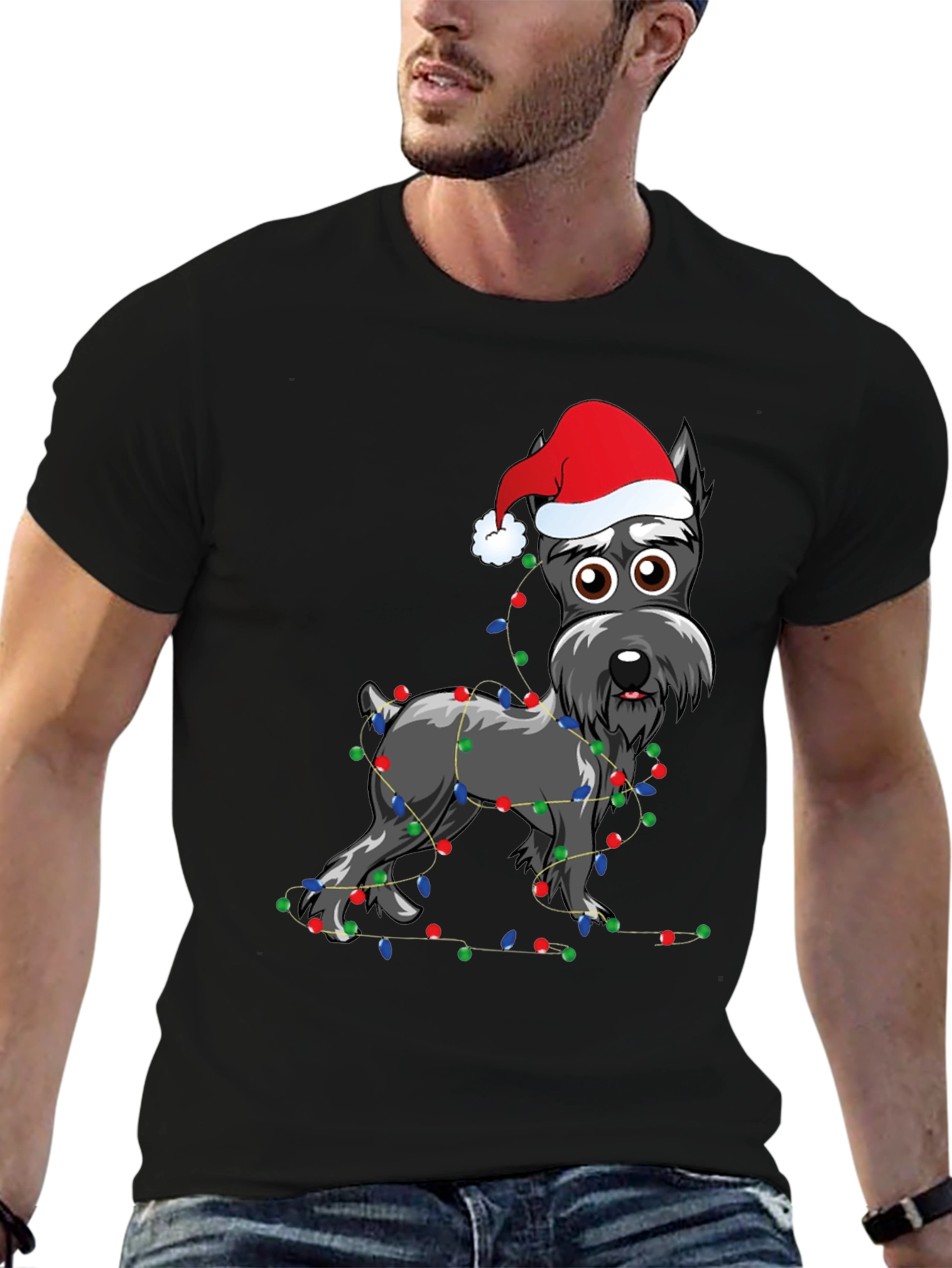 Festive Dog T-Shirt: Holiday Schnauzer with Lights