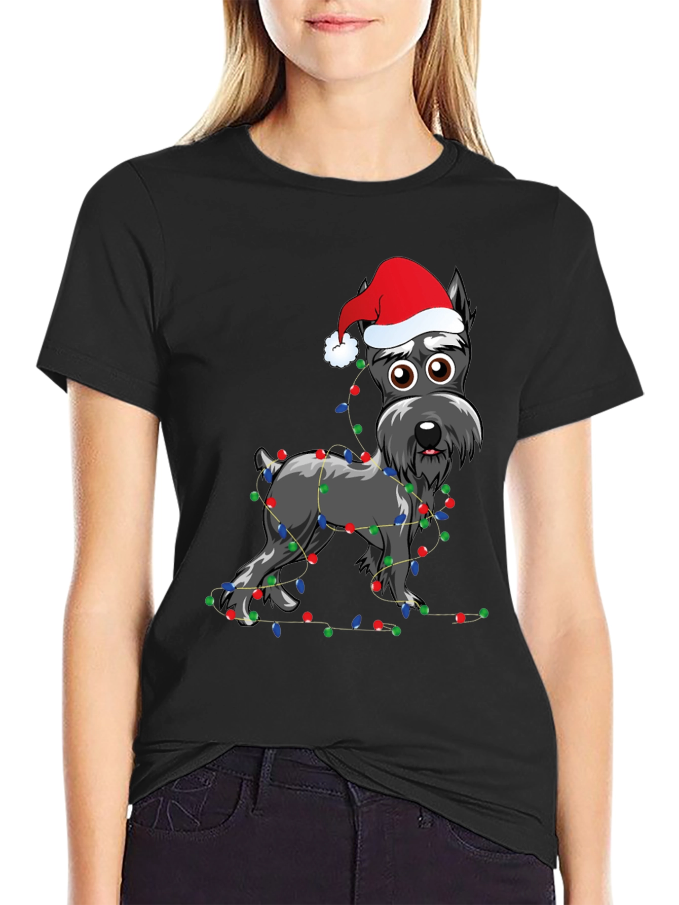 Festive Dog T-Shirt: Holiday Schnauzer with Lights