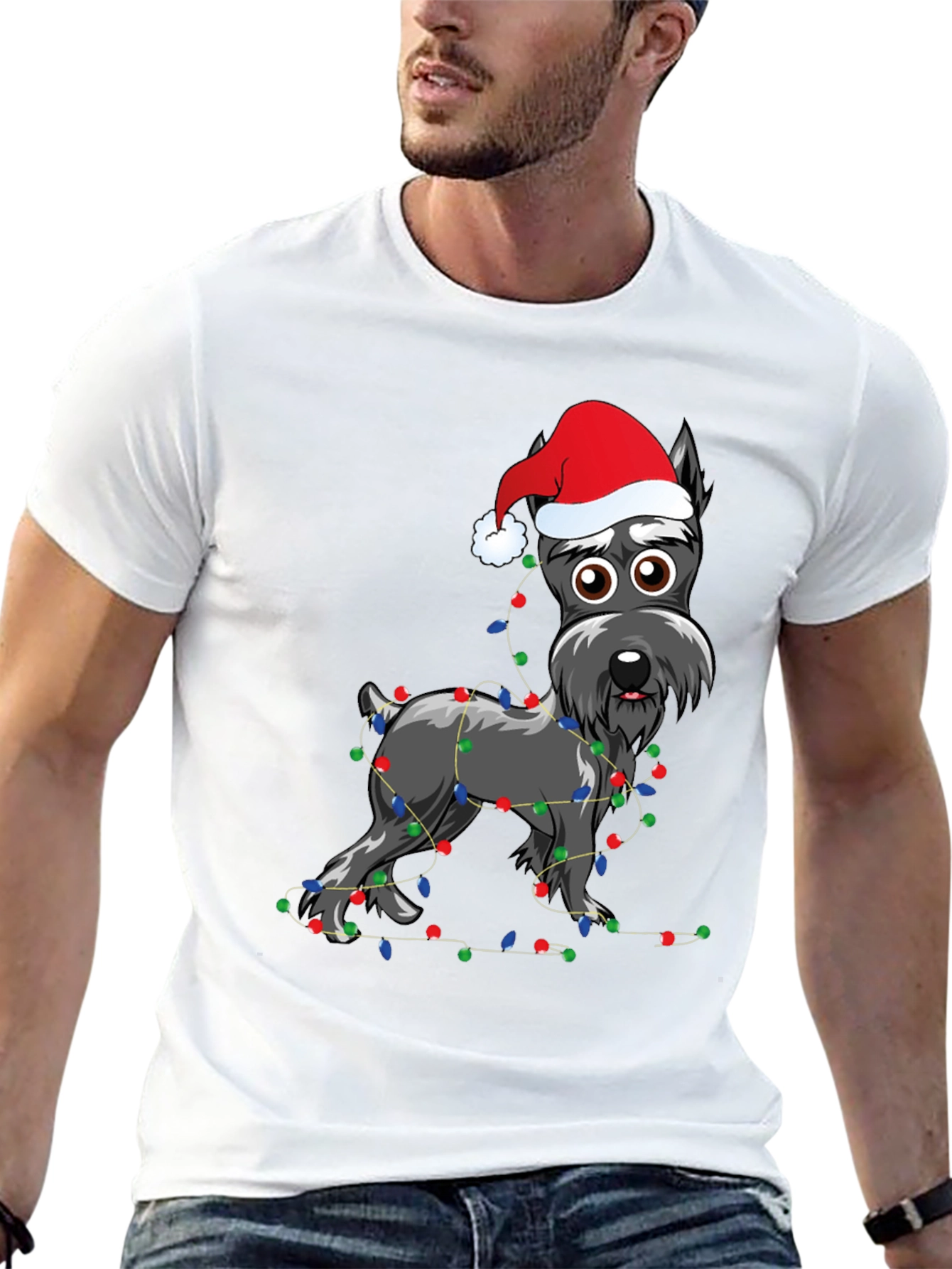 Festive Dog T-Shirt: Holiday Schnauzer with Lights