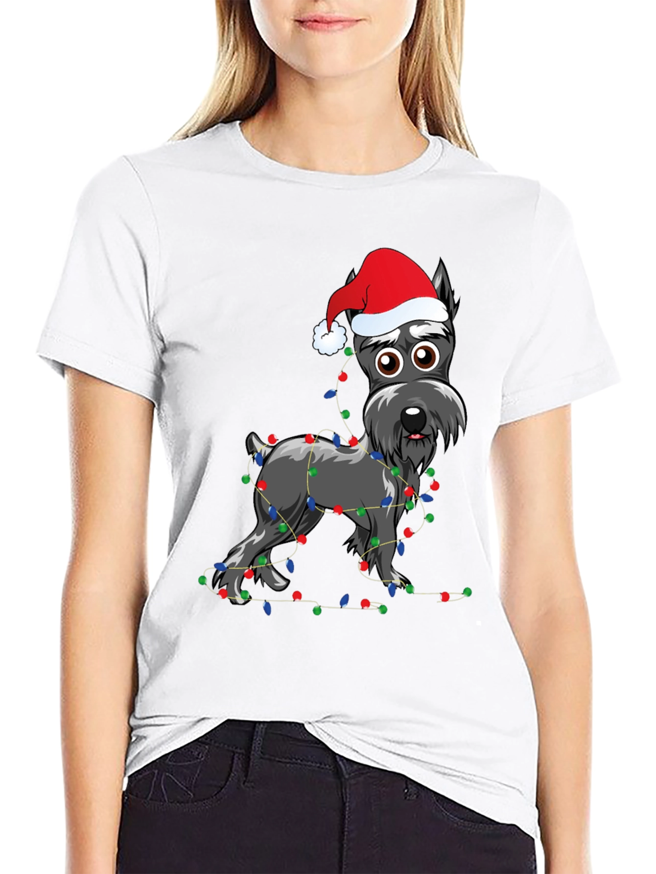 Festive Dog T-Shirt: Holiday Schnauzer with Lights