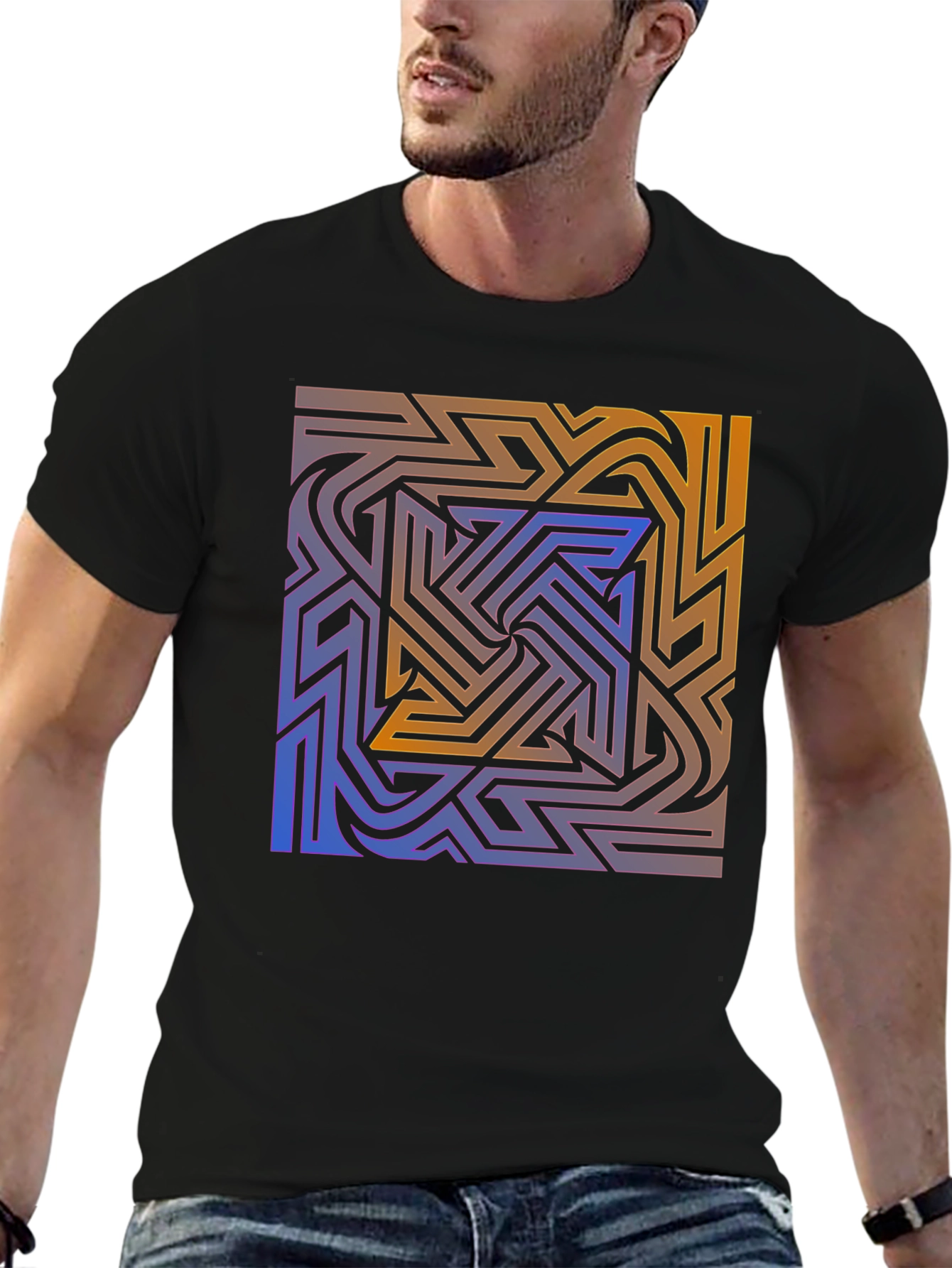 Abstract Maze Graphic Tee - Stylish Black T-Shirt