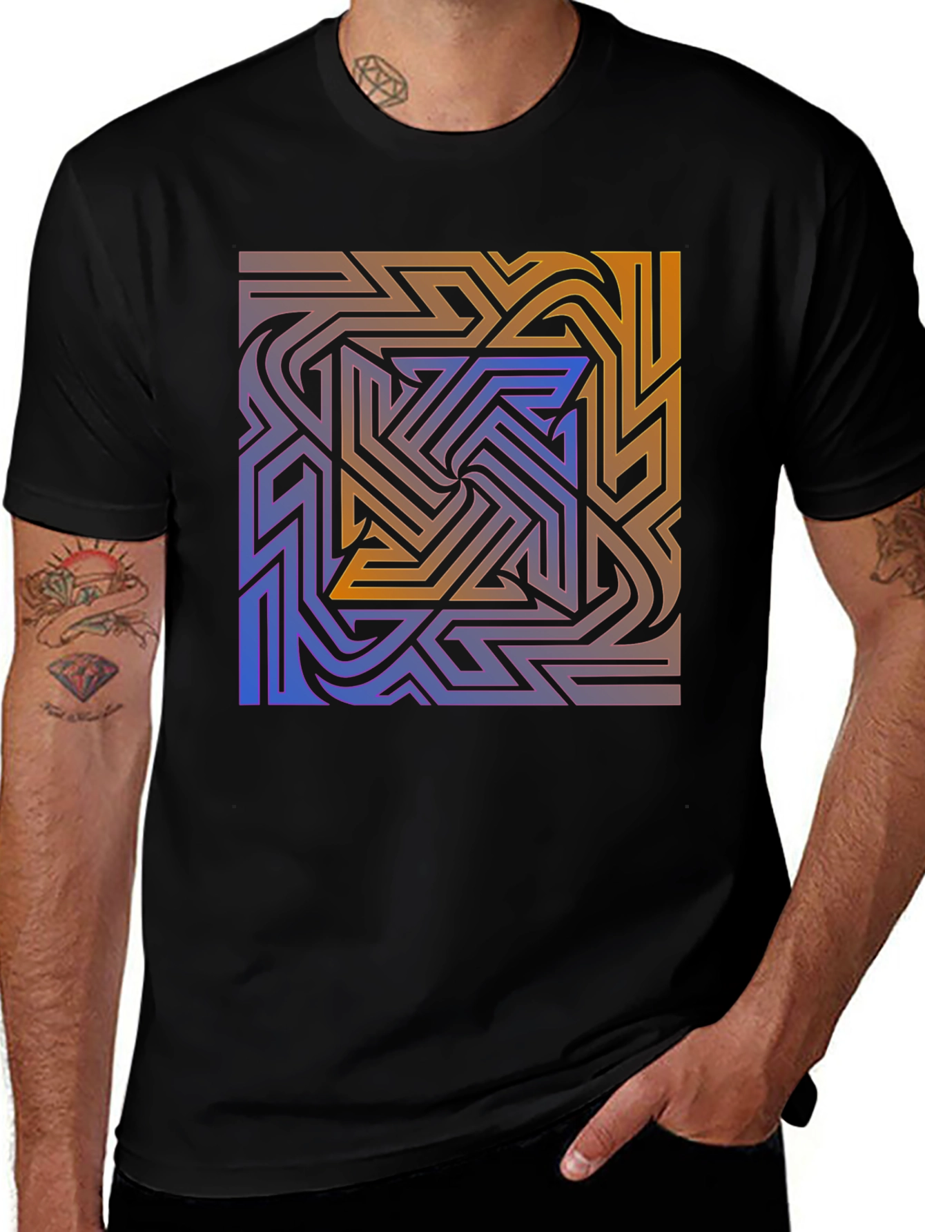 Abstract Maze Graphic Tee - Stylish Black T-Shirt