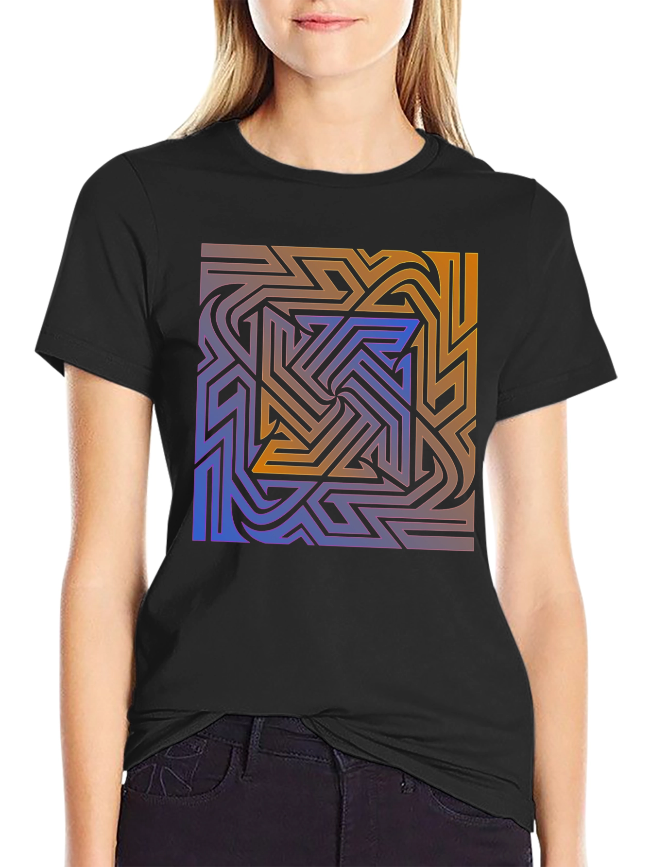 Abstract Maze Graphic Tee - Stylish Black T-Shirt