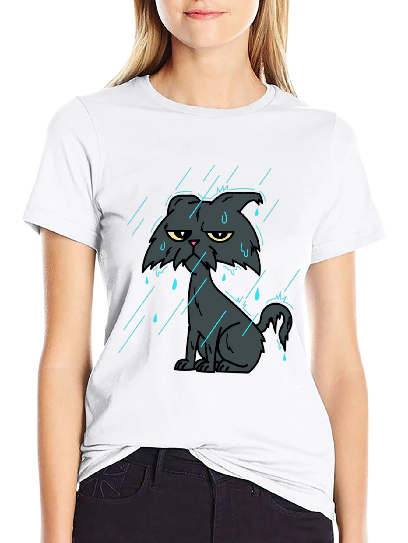 Grumpy Cat in Rain Black T-Shirt