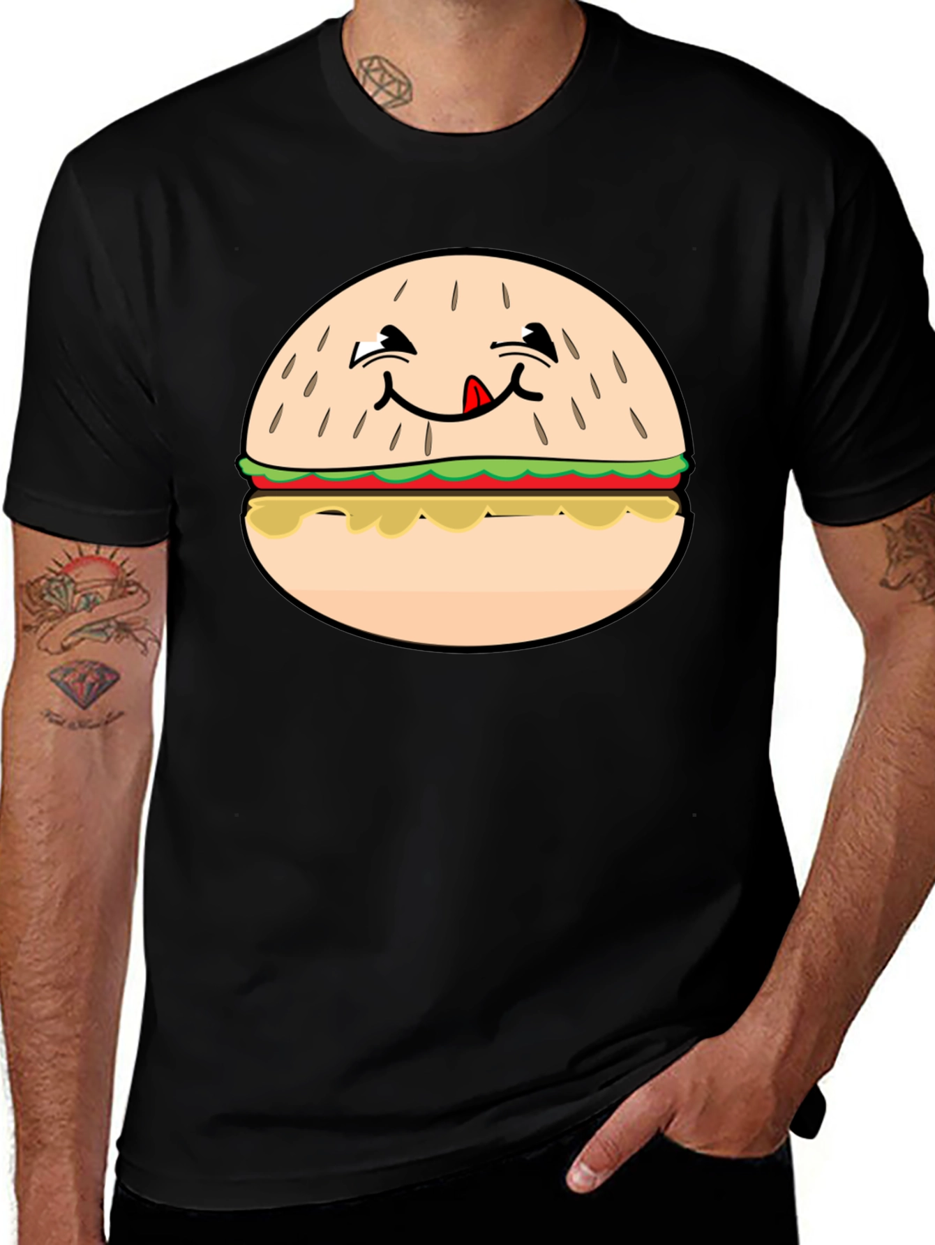 Funny Burger Graphic T-Shirt - Black Crew Neck Tee