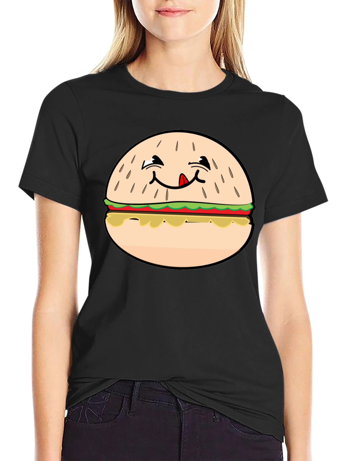 Funny Burger Graphic T-Shirt - Black Crew Neck Tee