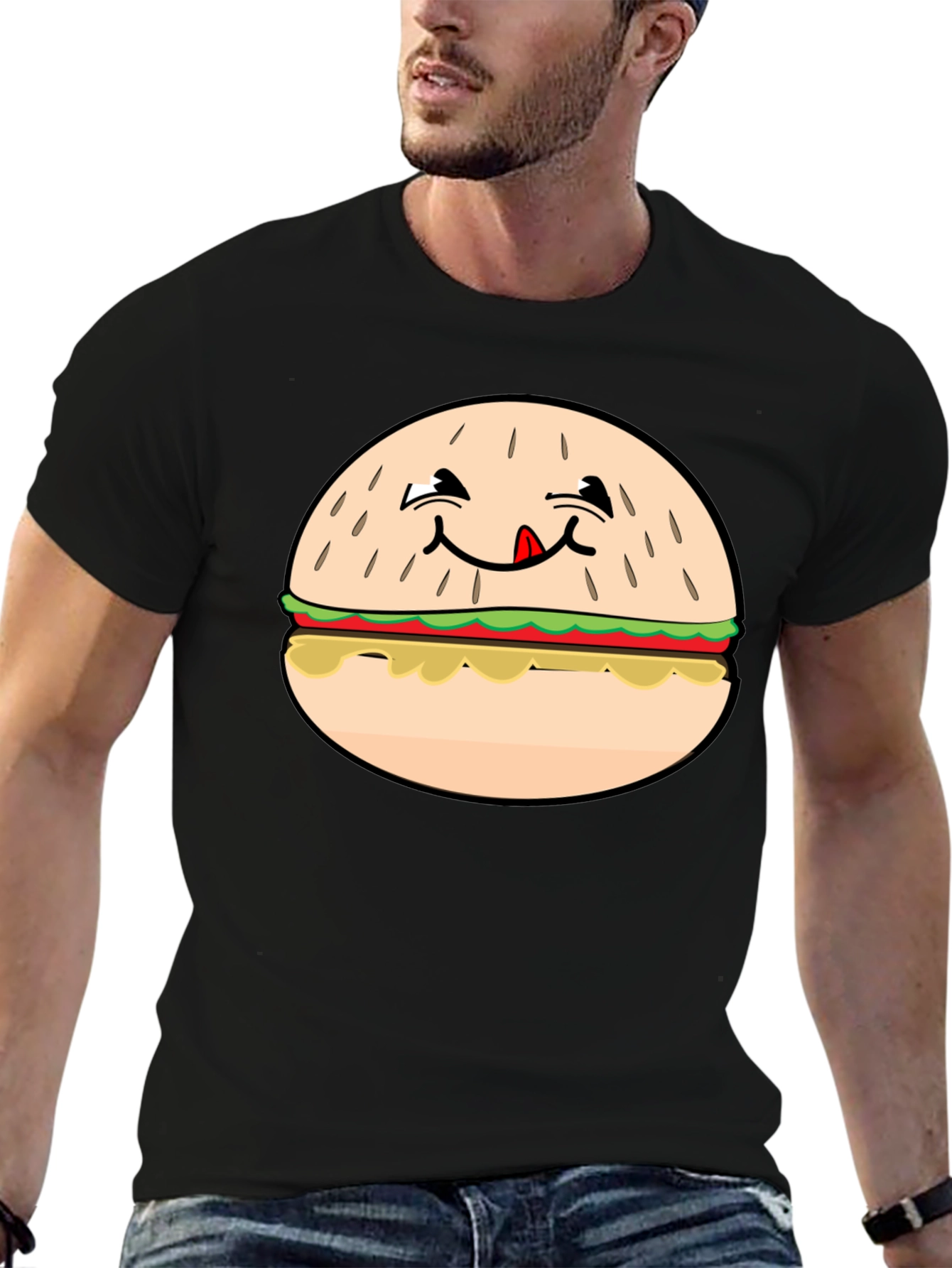Funny Burger Graphic T-Shirt - Black Crew Neck Tee