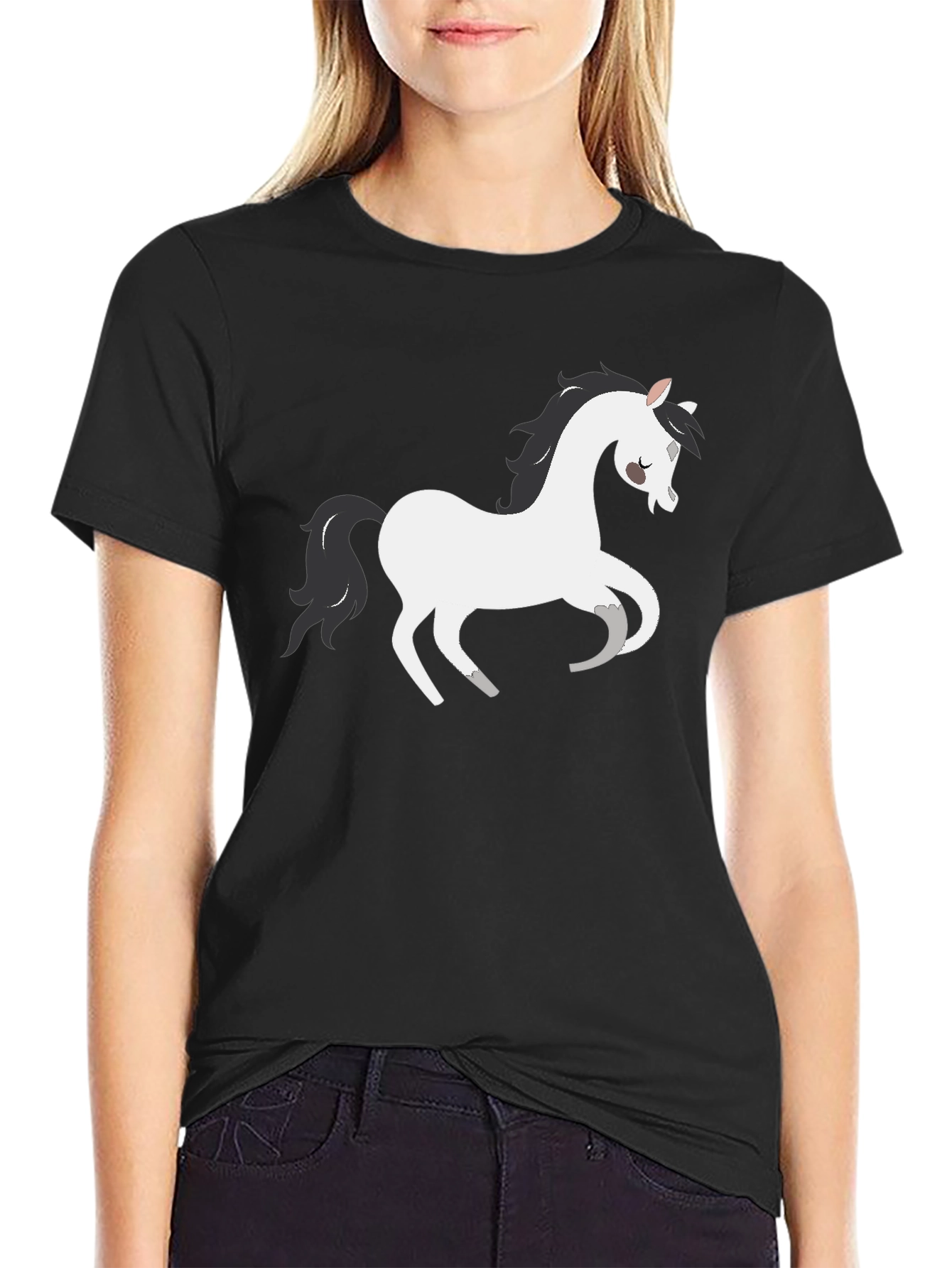 Black T-Shirt with White Cartoon Horse