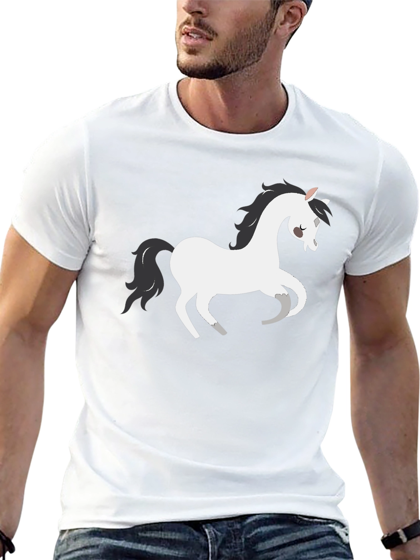 Black T-Shirt with White Cartoon Horse