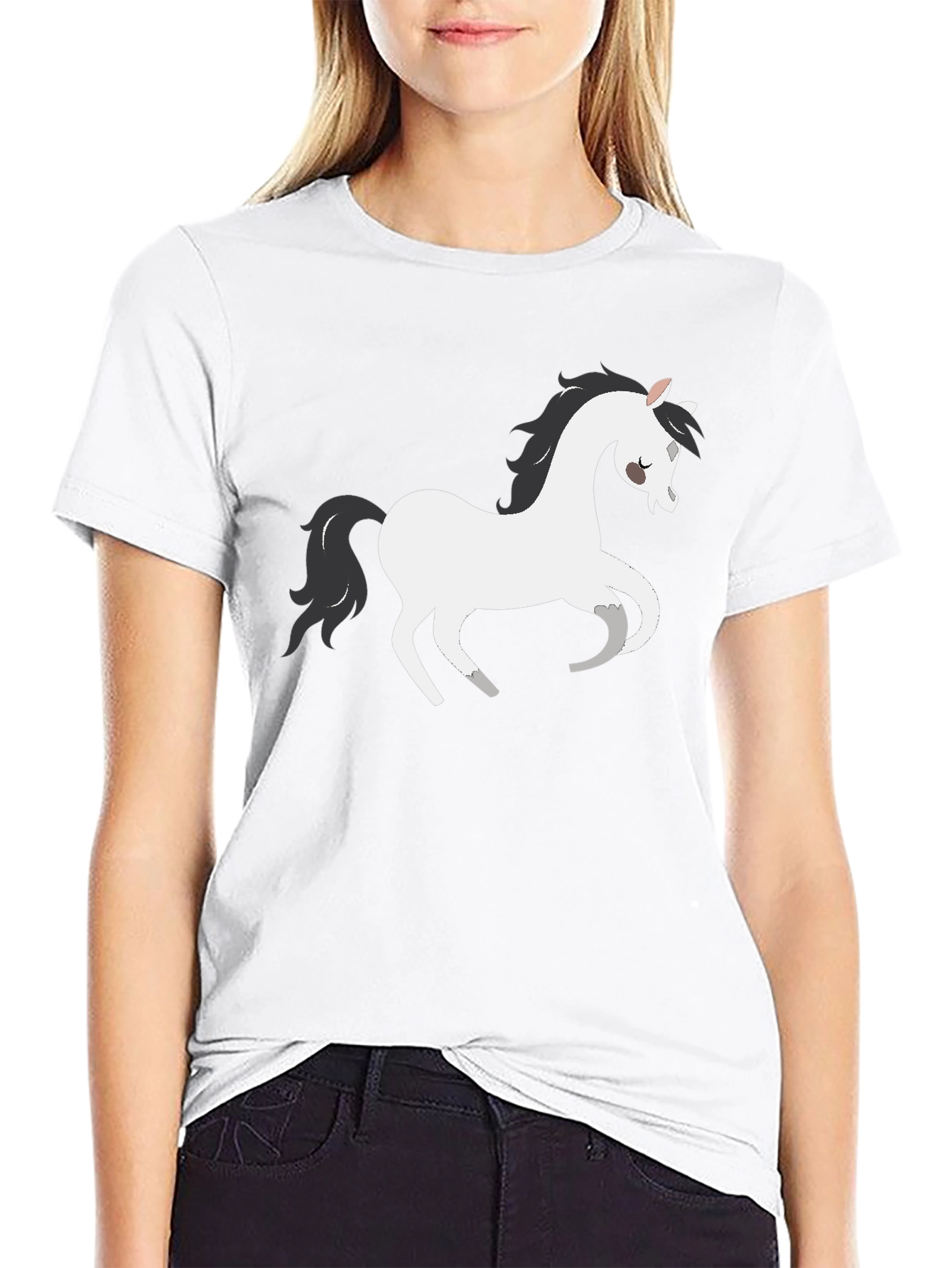 Black T-Shirt with White Cartoon Horse