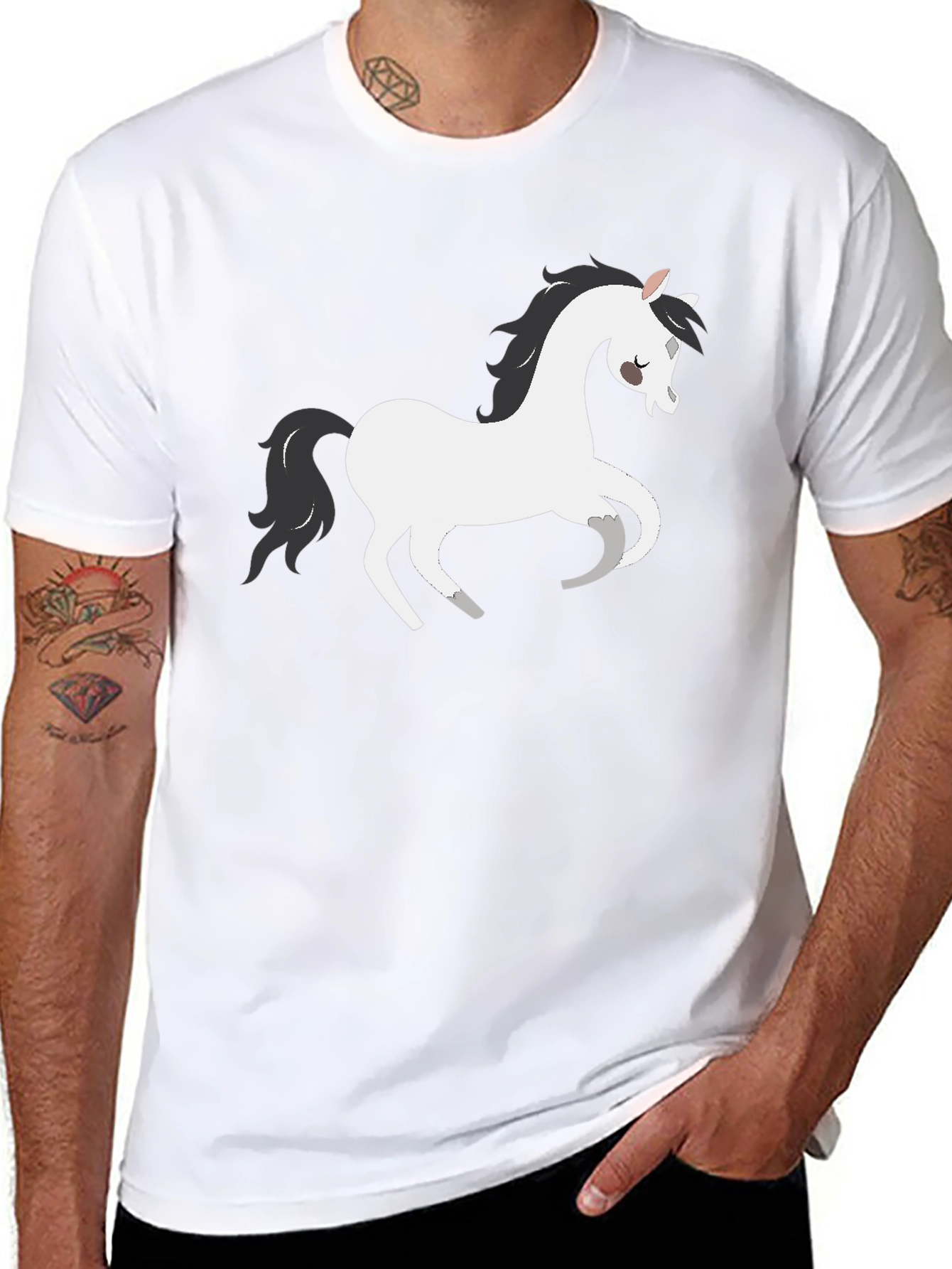 Black T-Shirt with White Cartoon Horse