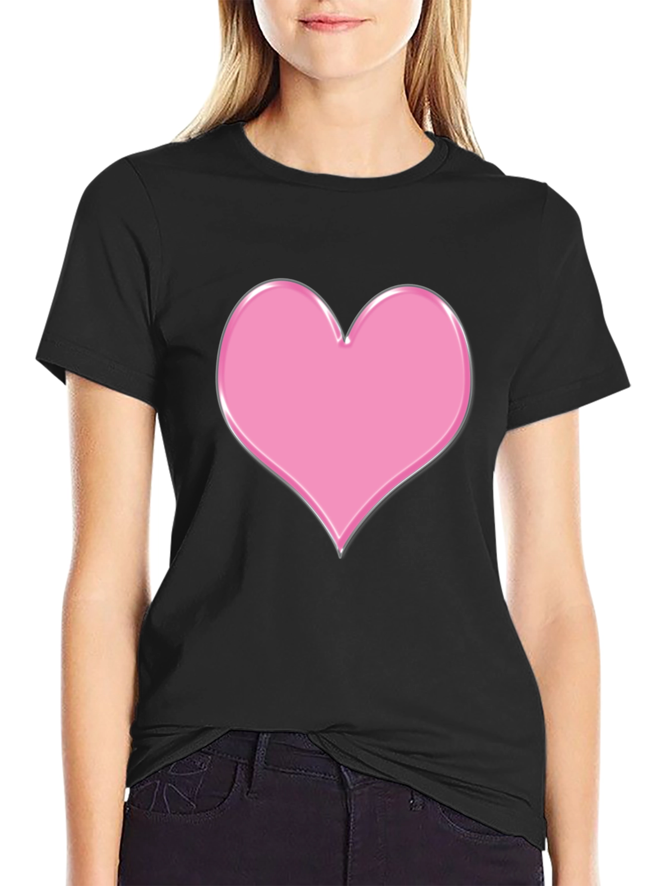 Pink Heart Graphic Black T-Shirt