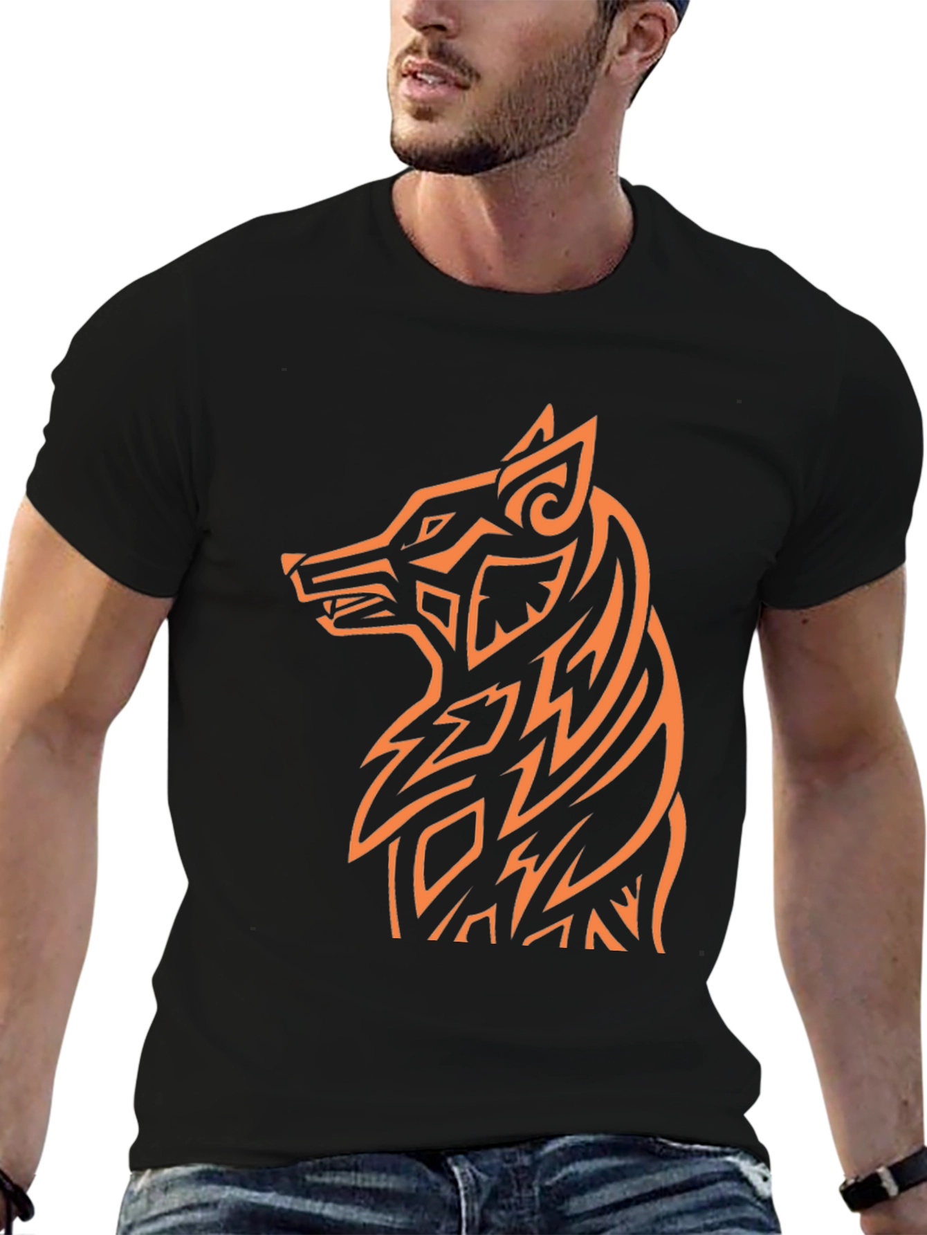 Tribal Wolf Graphic Tee - Black Cotton Blend