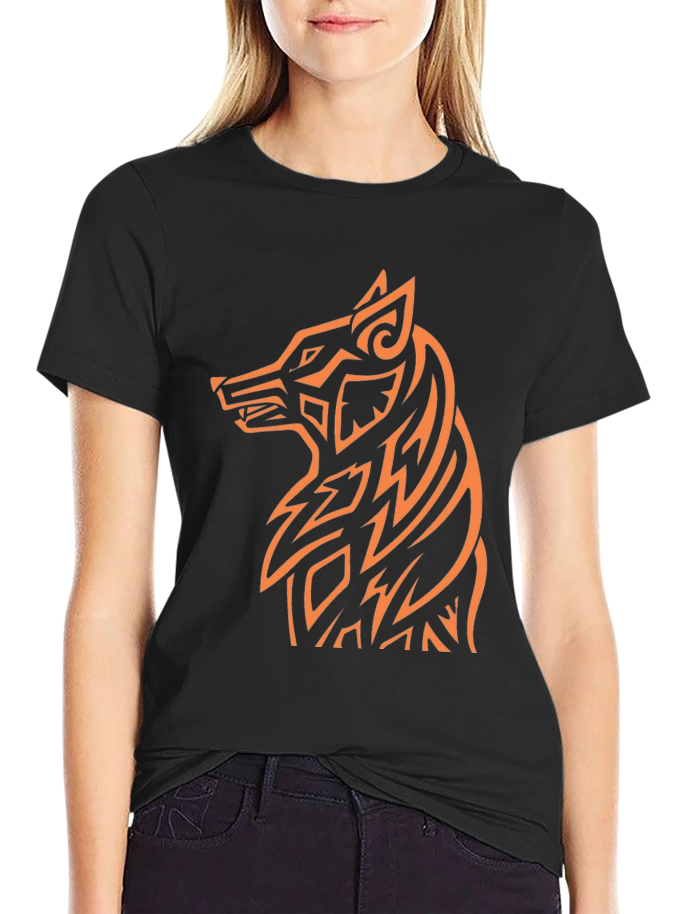 Tribal Wolf Graphic Tee - Black Cotton Blend