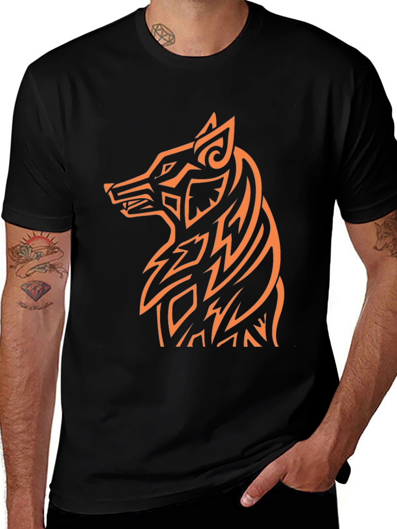Tribal Wolf Graphic Tee - Black Cotton Blend